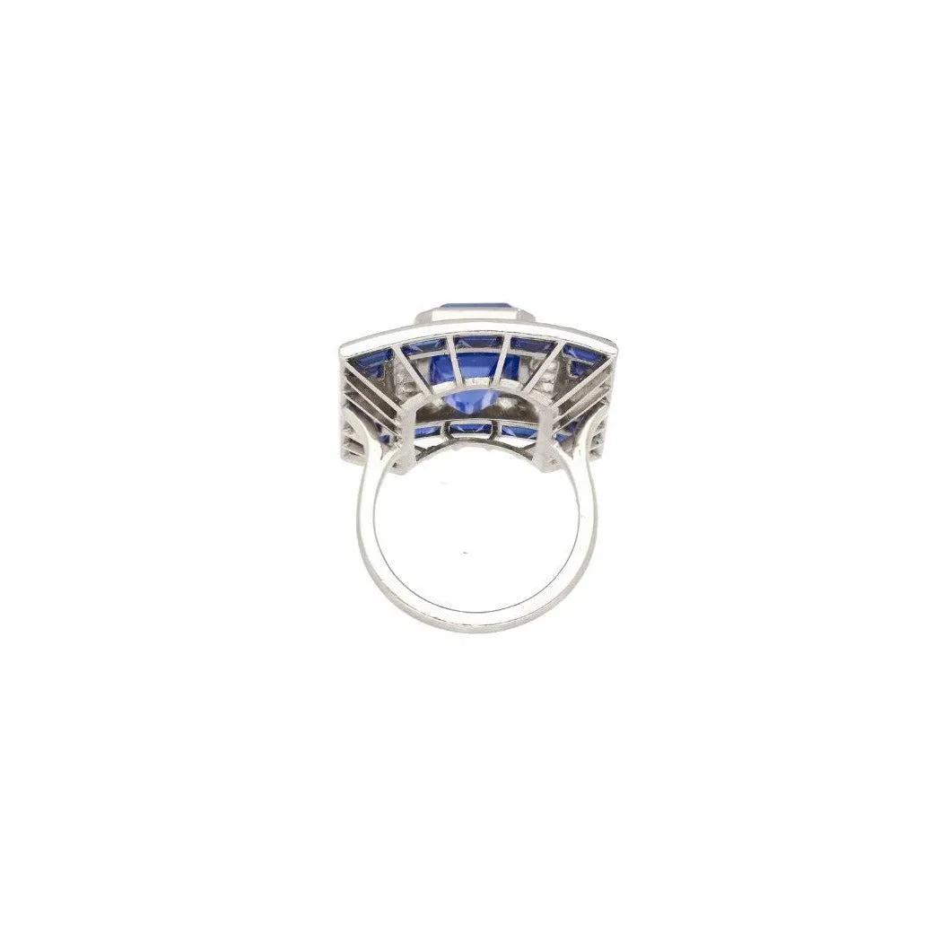 10.82 Carat No Heat Ceylon Blue Sapphire and Diamond Vintage Art Deco Platinum Ring | AGL & GIA Certified