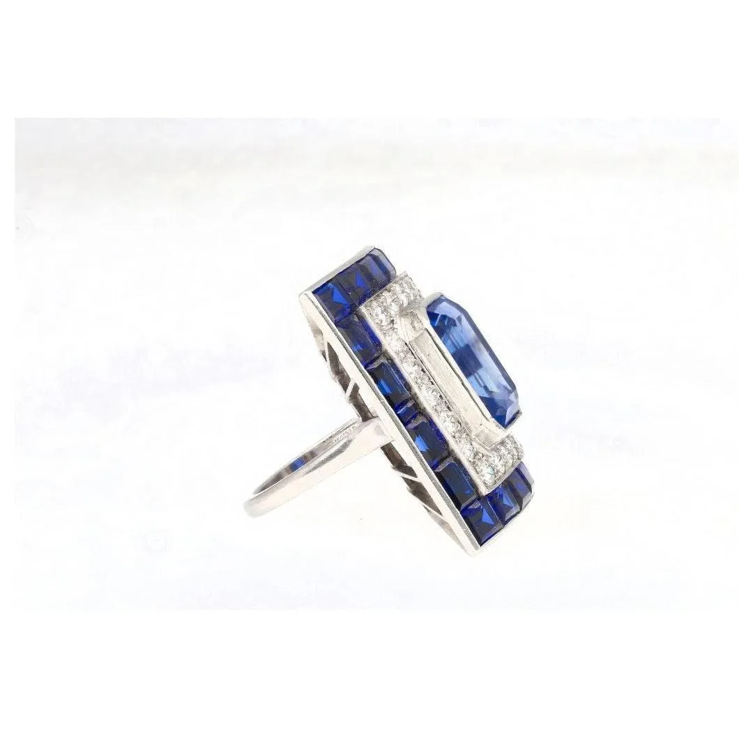 10.82 Carat No Heat Ceylon Blue Sapphire and Diamond Vintage Art Deco Platinum Ring | AGL & GIA Certified