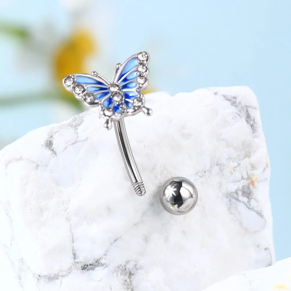 16G Blue Butterfly With CZ Gems Curved Rook Ring