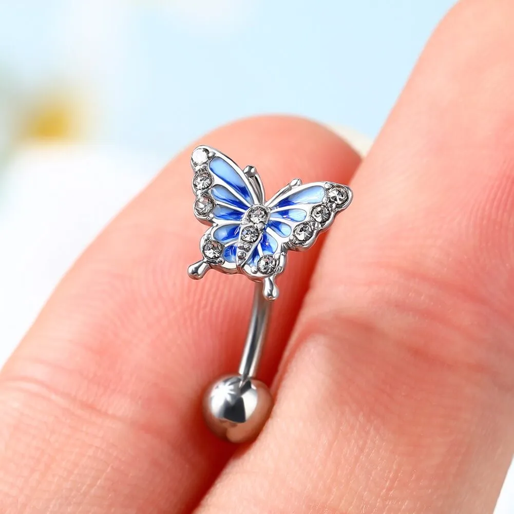 16G Blue Butterfly With CZ Gems Curved Rook Ring