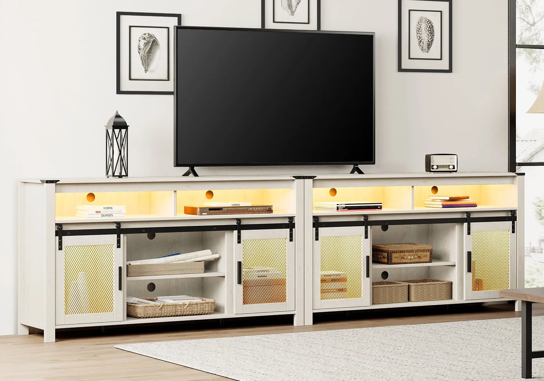 2-In-1 TV Stand for 100  Inch TV, Farmhouse & Industrial Media Entertainment Center w/Sliding Mesh Doors, Rustic TV Console w/Storage Shelves&Yellow LED Lights for Living Room, Rustic White