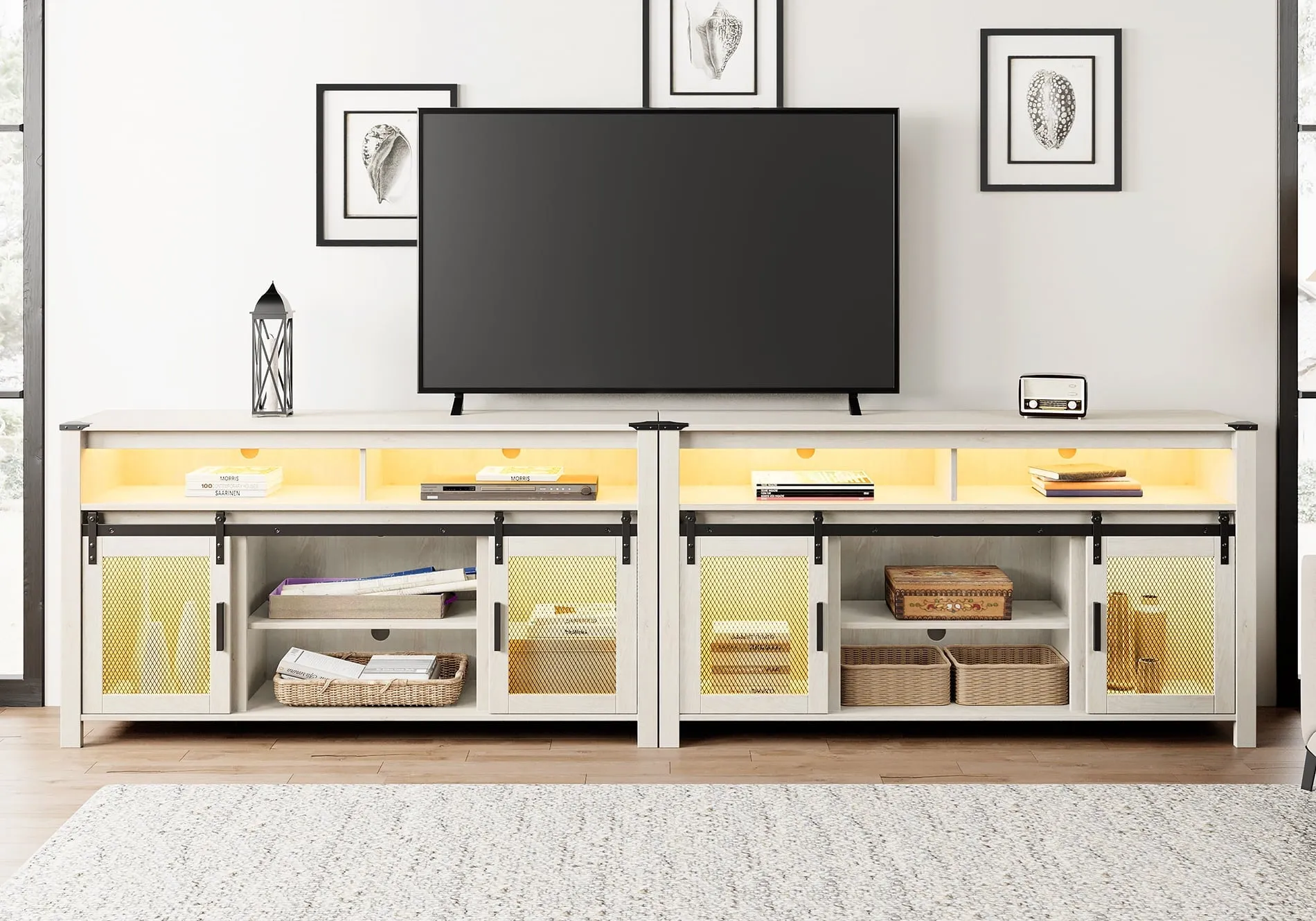 2-In-1 TV Stand for 100  Inch TV, Farmhouse & Industrial Media Entertainment Center w/Sliding Mesh Doors, Rustic TV Console w/Storage Shelves&Yellow LED Lights for Living Room, Rustic White