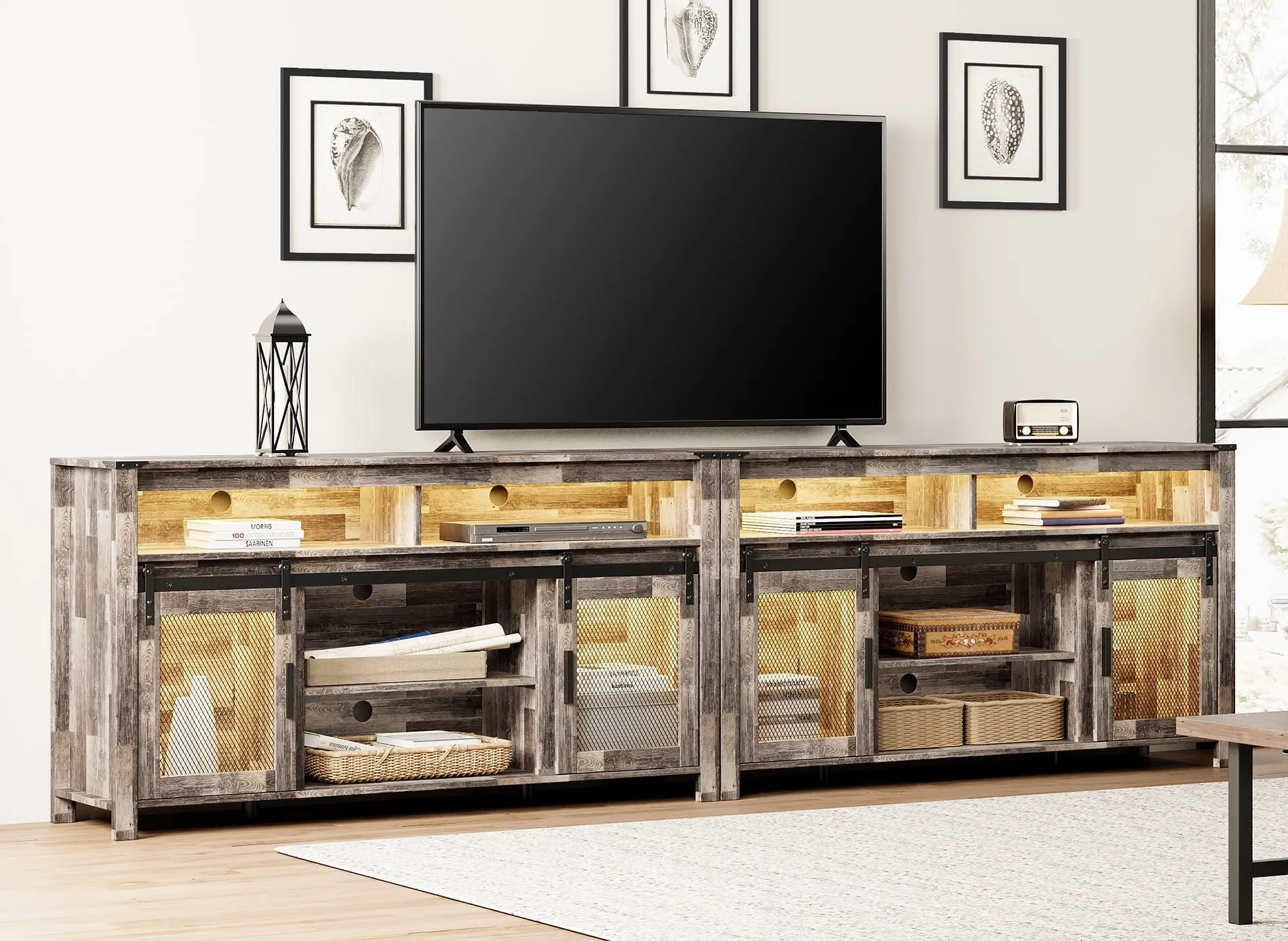 2-In-1 TV Stand for 100  Inch TV, Farmhouse & Industrial Media Entertainment Center w/Sliding Mesh Doors, Rustic TV Console w/Storage Shelves&Yellow LED Lights for Living Room, Rustic White