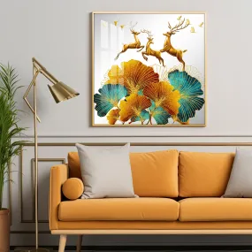 3 Golden Deers With Biloba Leaves Luxury Crystal Square Wall Art