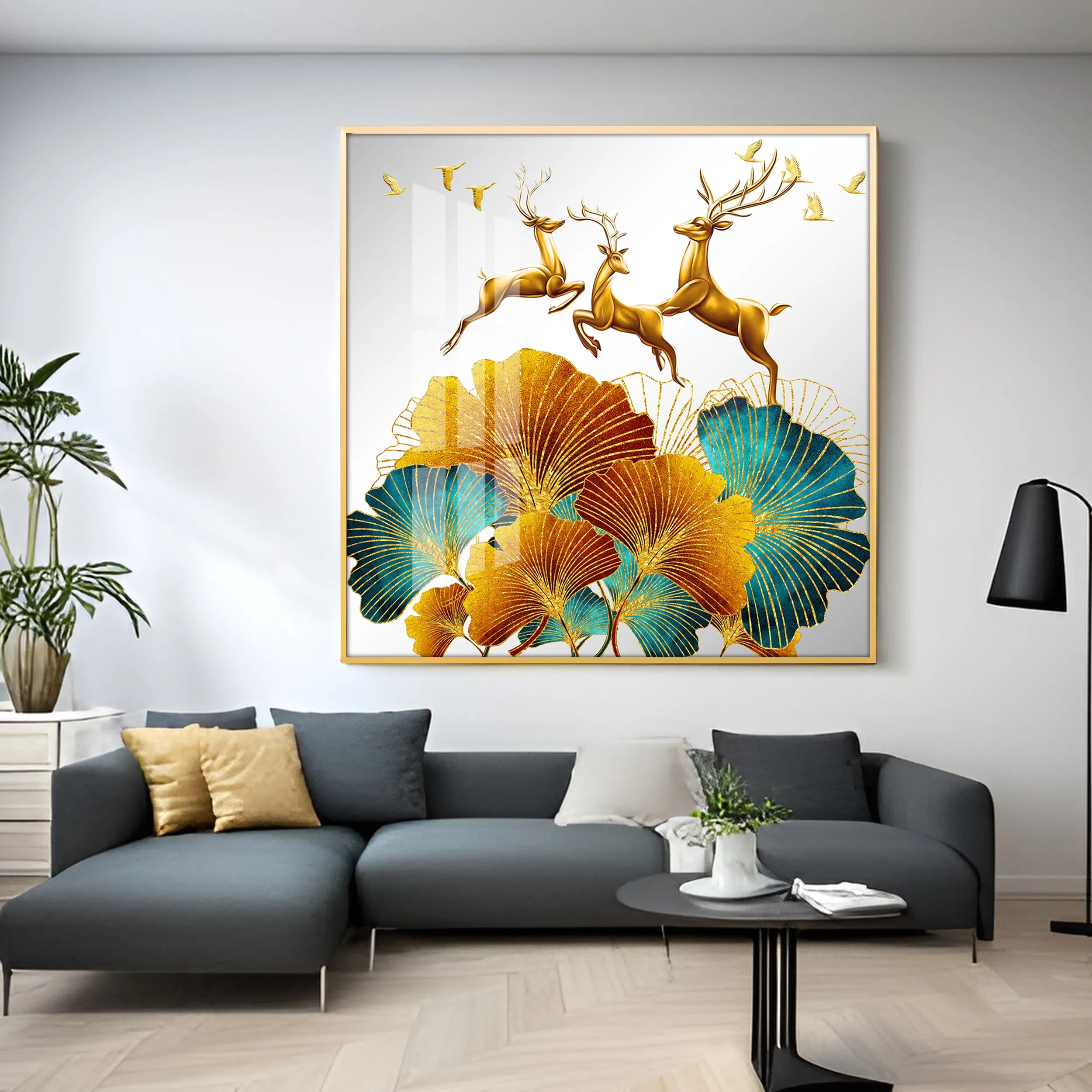 3 Golden Deers With Biloba Leaves Luxury Crystal Square Wall Art