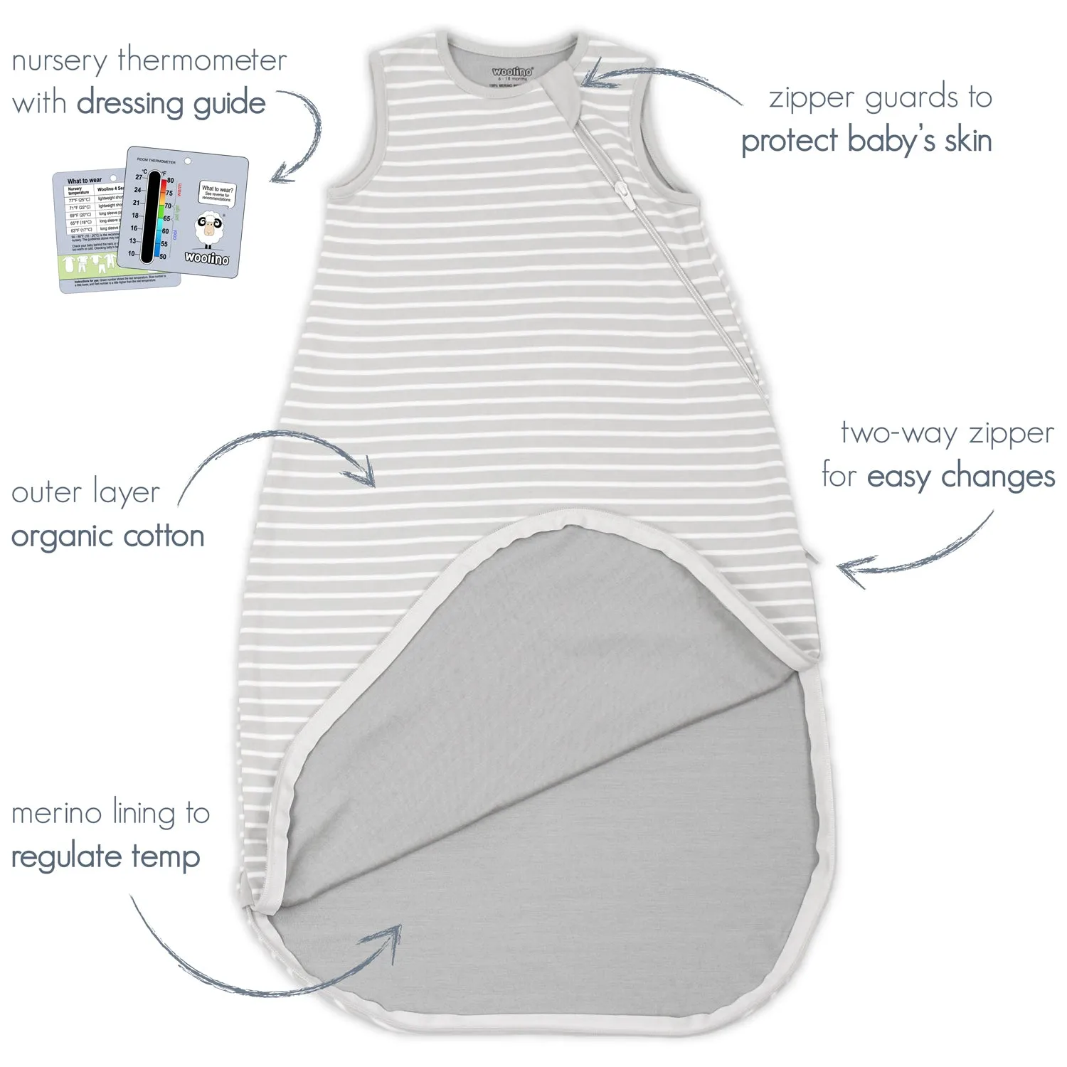 4 Season® Basic Baby Sleeping Bag, Merino Wool & Organic Cotton, Birch Gray