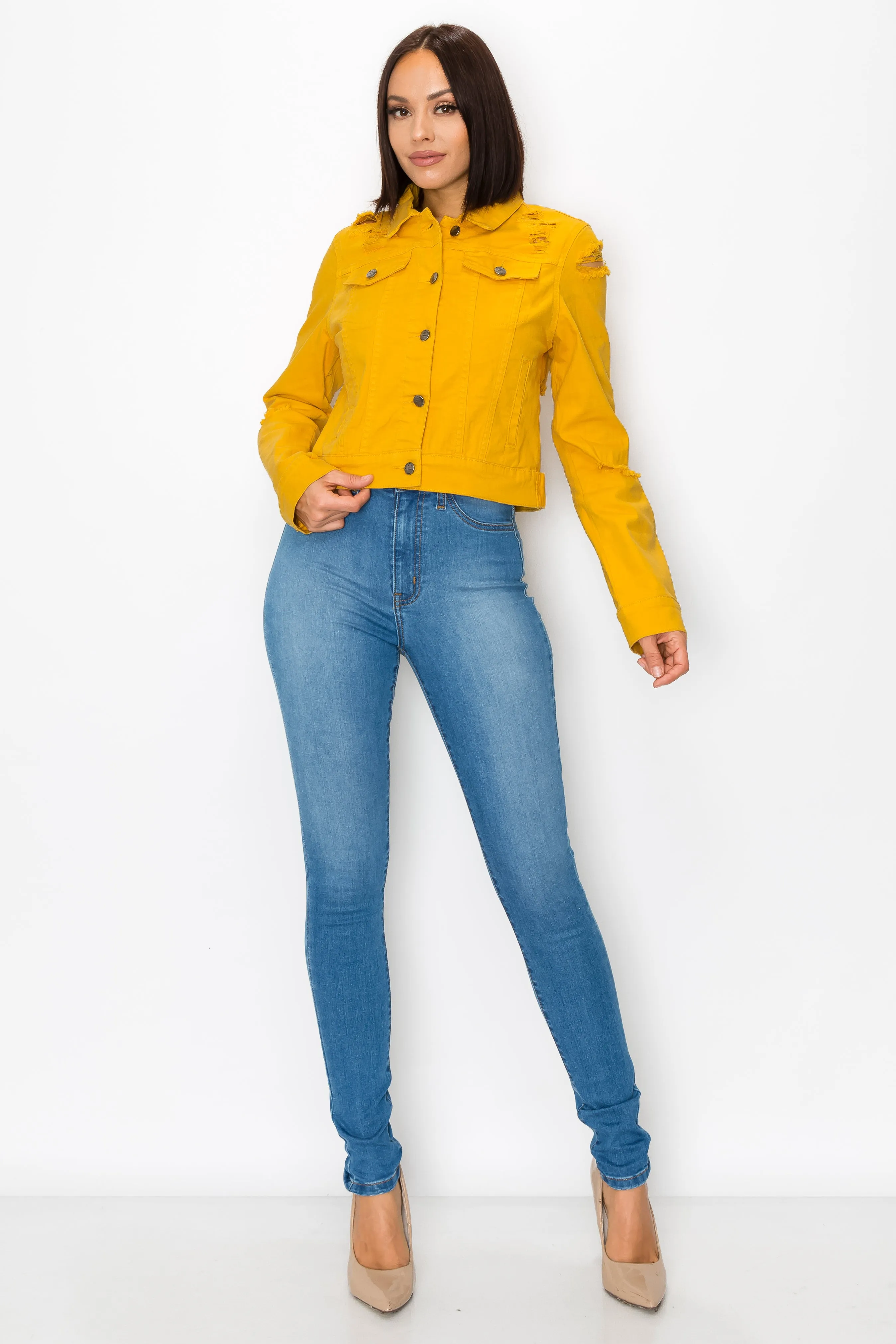 8032 Women's Long Sleeves Button Down Denim Jackets with Destruction