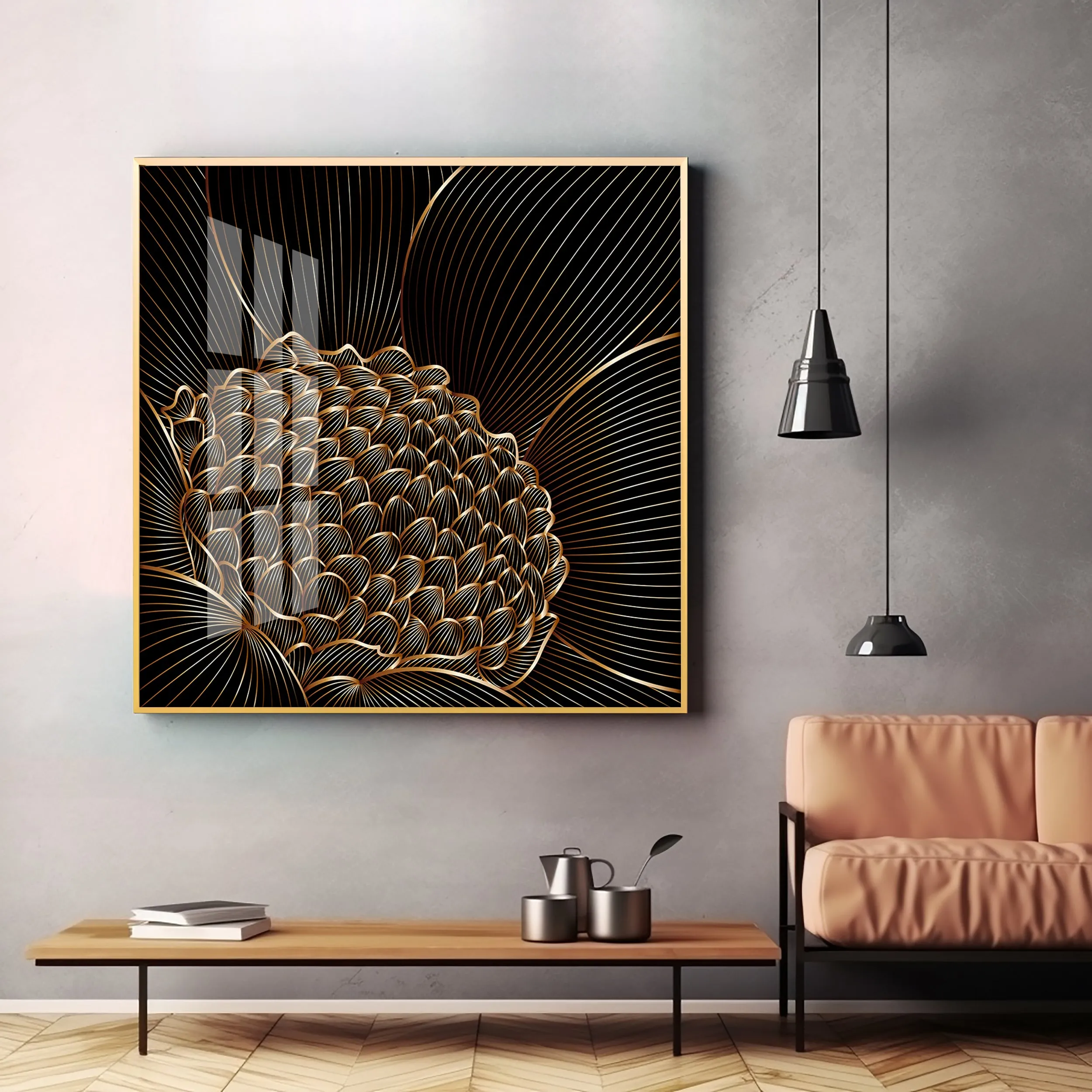 Abstract Black Flower Luxury Crystal Square Wall Art