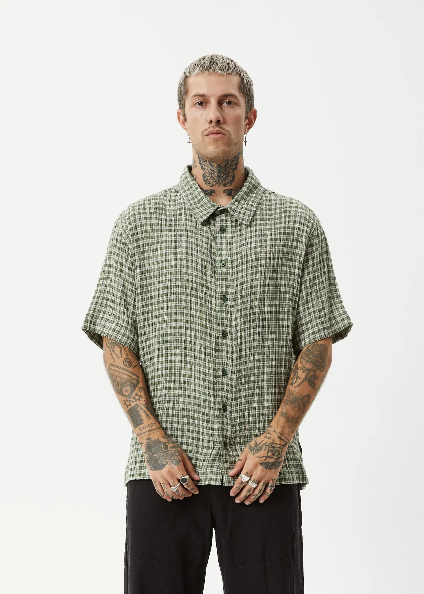 AFENDS Mens Base - Short Sleeve Shirt - Deep Green Check