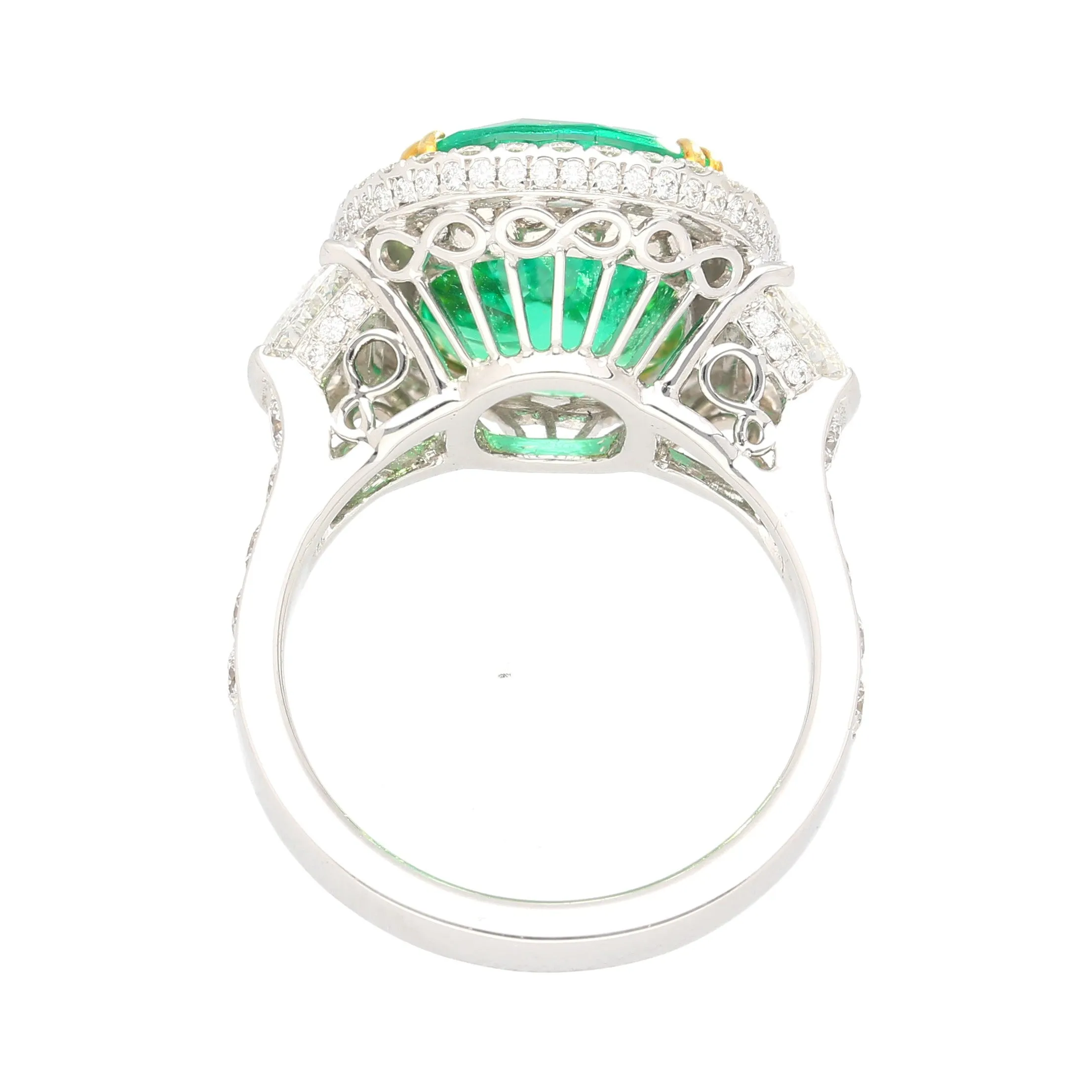 AGL Certified 7.36 Carat No Oil Cushion-Cut Colombian Emerald & Half Moon Cut Diamonds Ring