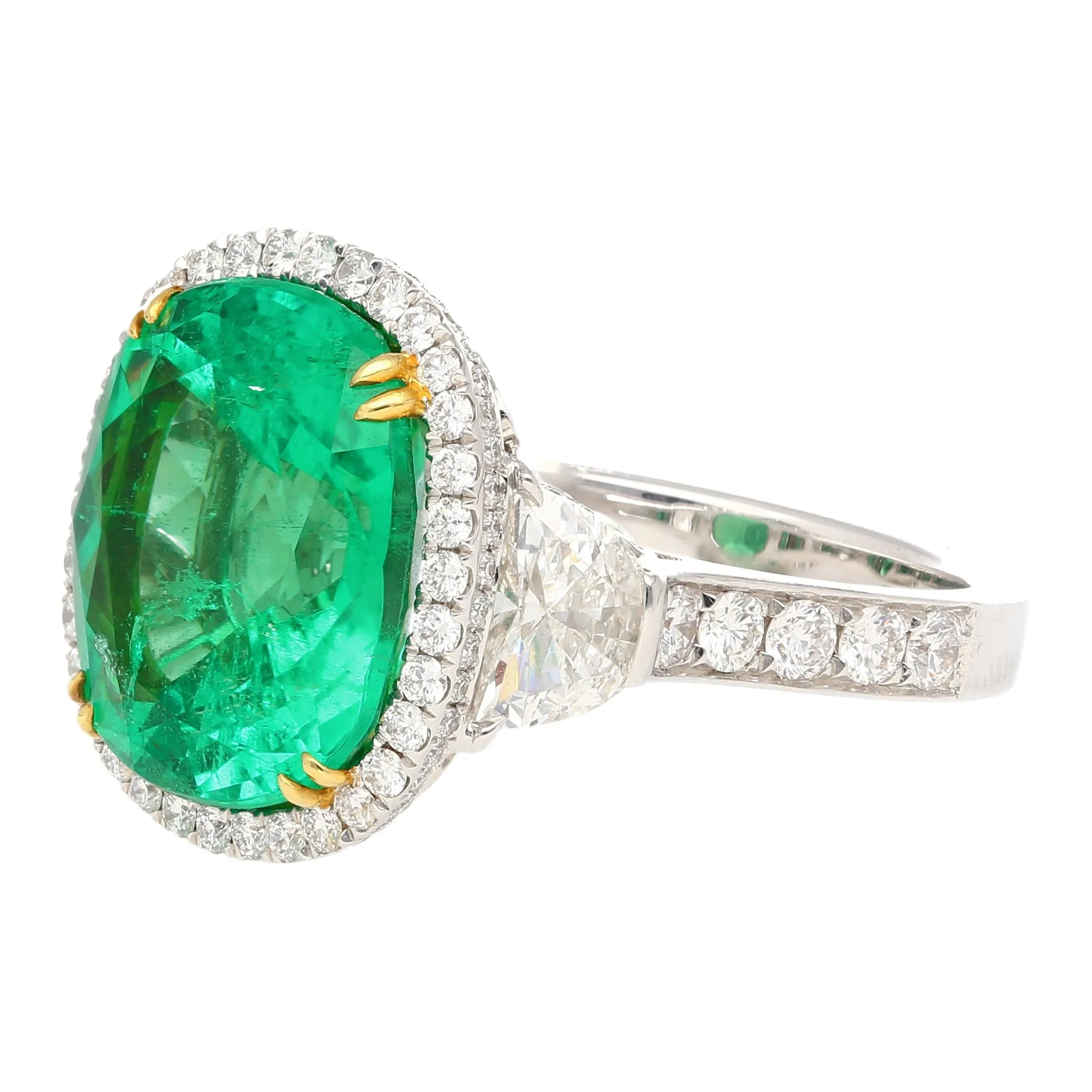 AGL Certified 7.36 Carat No Oil Cushion-Cut Colombian Emerald & Half Moon Cut Diamonds Ring