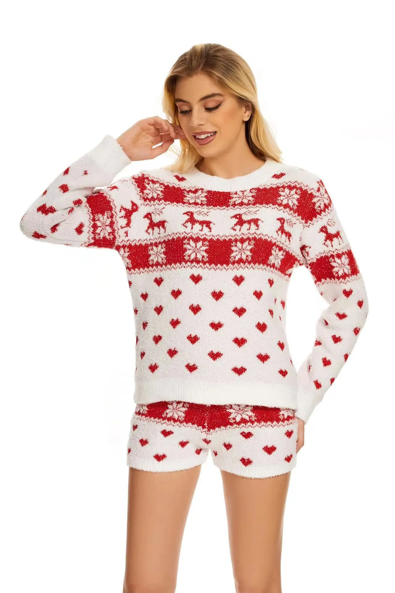 Amazon Autumn Winter New Pullover Casual Homewear Half-Side Fleece Knitted Sweater Christmas Set Pajamas Suit