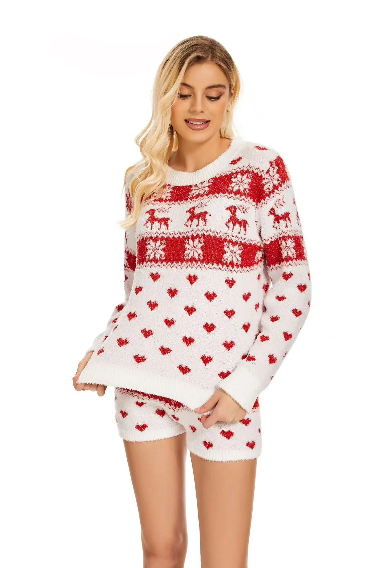 Amazon Autumn Winter New Pullover Casual Homewear Half-Side Fleece Knitted Sweater Christmas Set Pajamas Suit