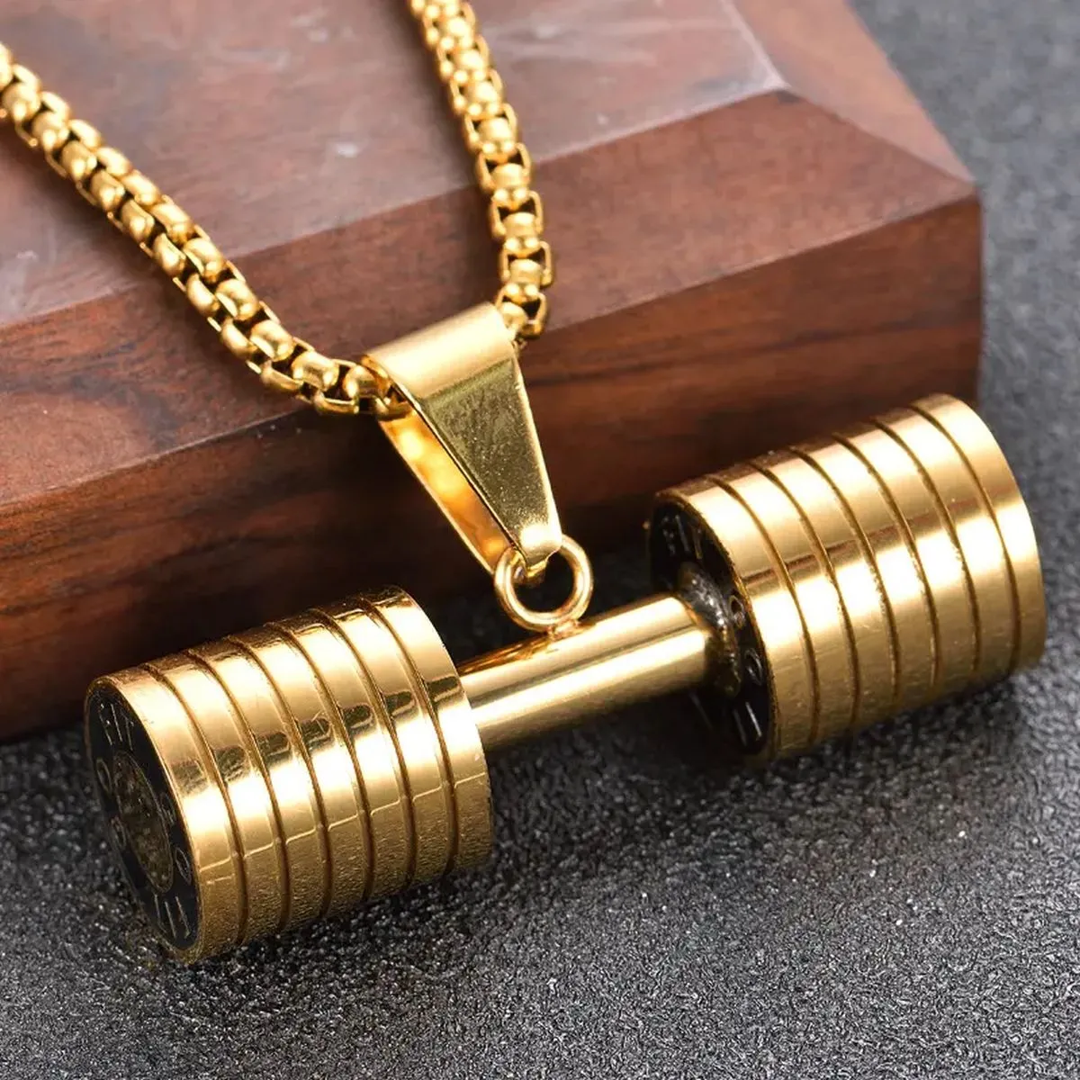 Barbell Dumbell Macho Large Heavy Gold Stainless Steel Pendant Chain