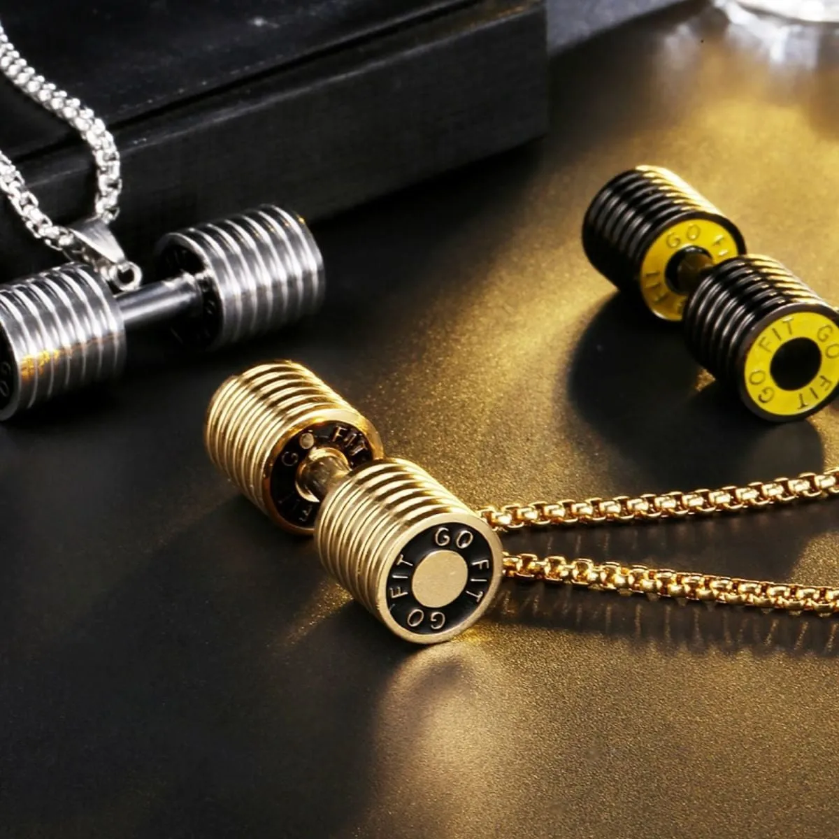 Barbell Dumbell Macho Large Heavy Gold Stainless Steel Pendant Chain