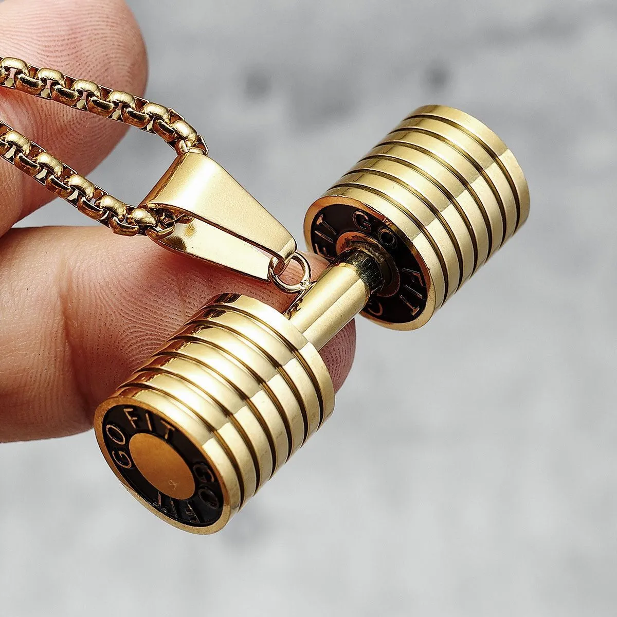 Barbell Dumbell Macho Large Heavy Gold Stainless Steel Pendant Chain