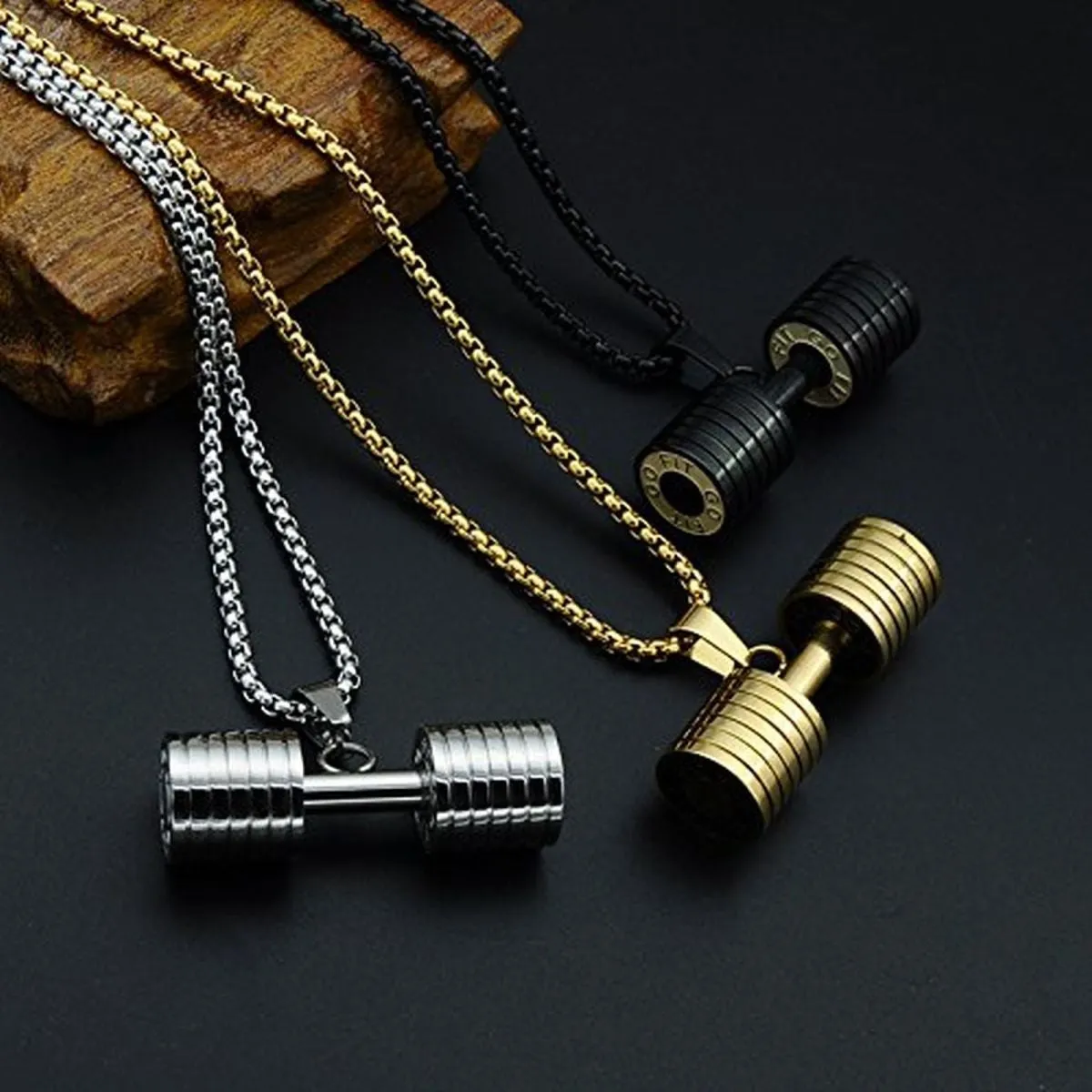 Barbell Dumbell Macho Large Heavy Gold Stainless Steel Pendant Chain