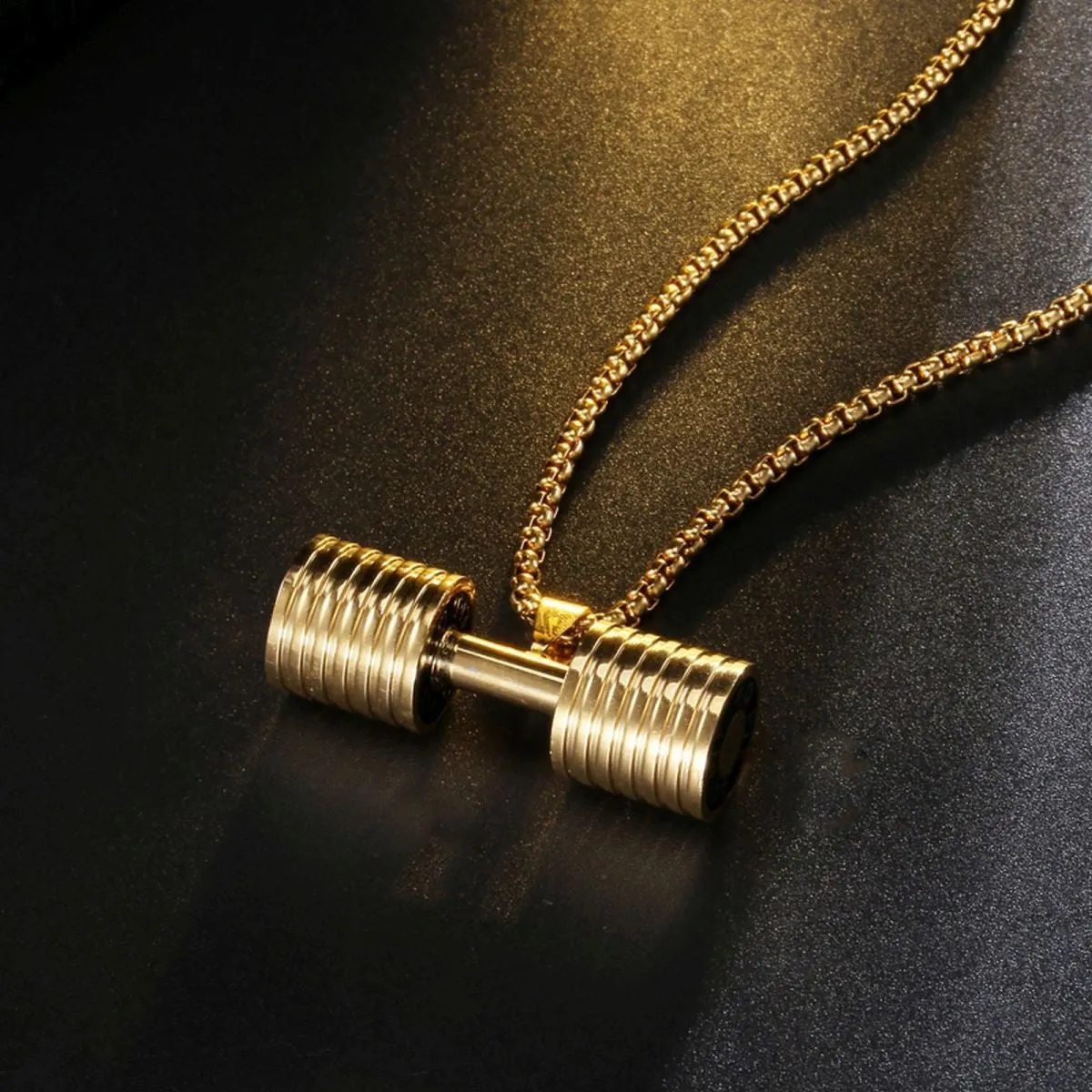 Barbell Dumbell Macho Large Heavy Gold Stainless Steel Pendant Chain