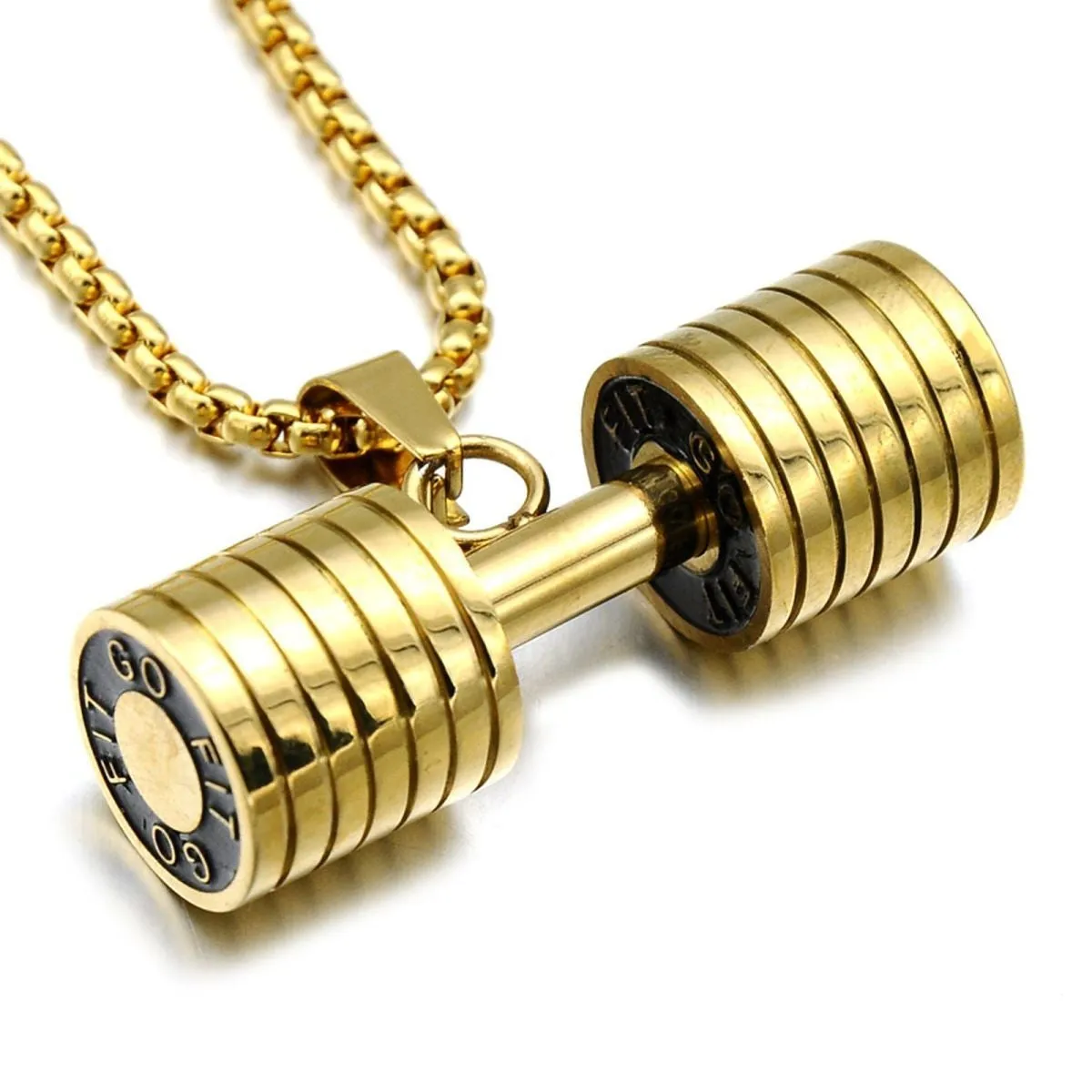 Barbell Dumbell Macho Large Heavy Gold Stainless Steel Pendant Chain