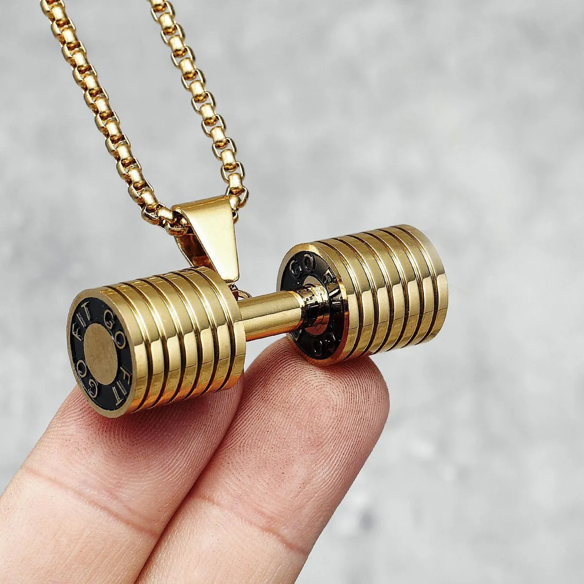 Barbell Dumbell Macho Large Heavy Gold Stainless Steel Pendant Chain