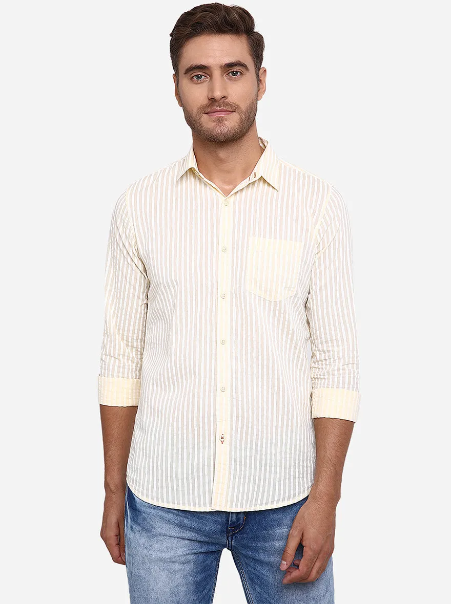 Beige & White Striped Slim Fit Casual Shirt | JadeBlue