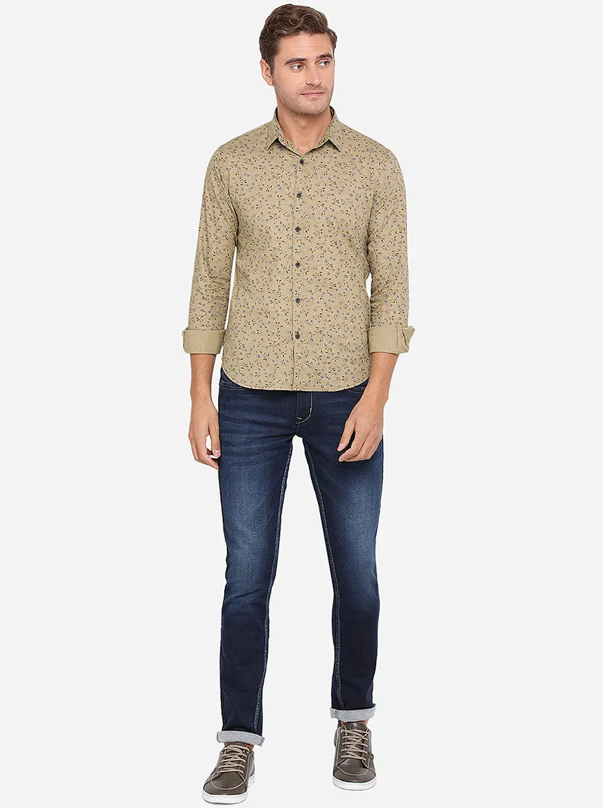 Beige Printed Slim Fit Casual Shirt | Greenfibre