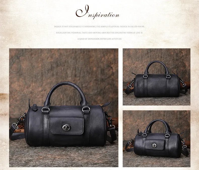 Black Gray Leather Womens Barrel Handbag Handmade Barrel Handbag Crossbody Purse for Ladies