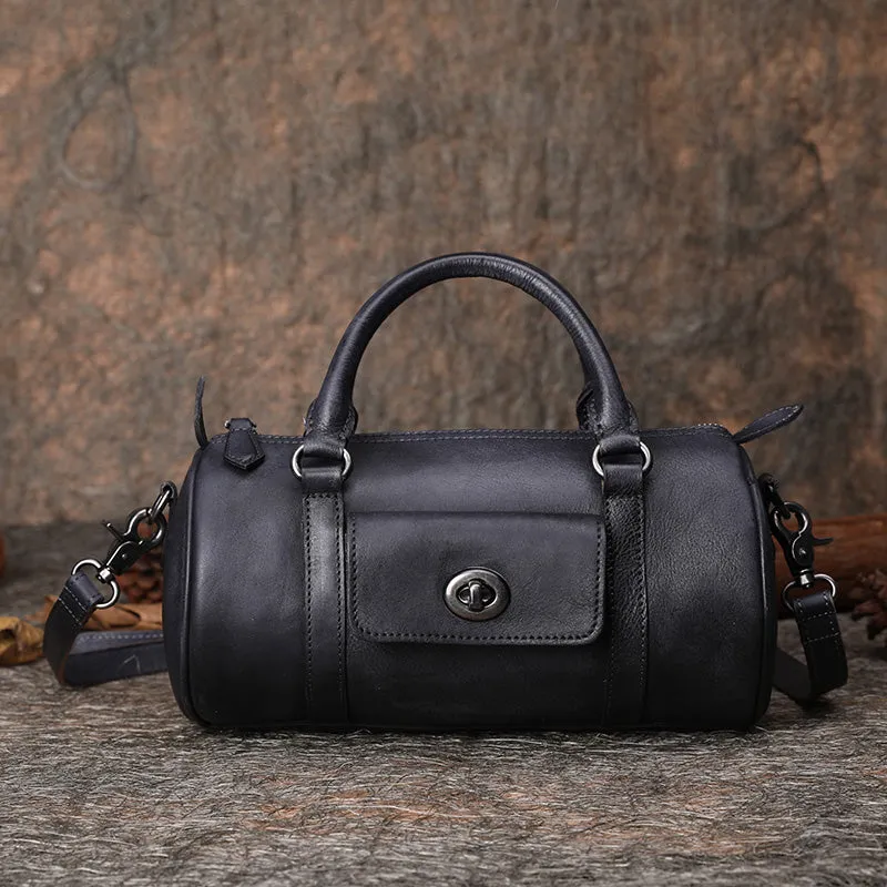 Black Gray Leather Womens Barrel Handbag Handmade Barrel Handbag Crossbody Purse for Ladies