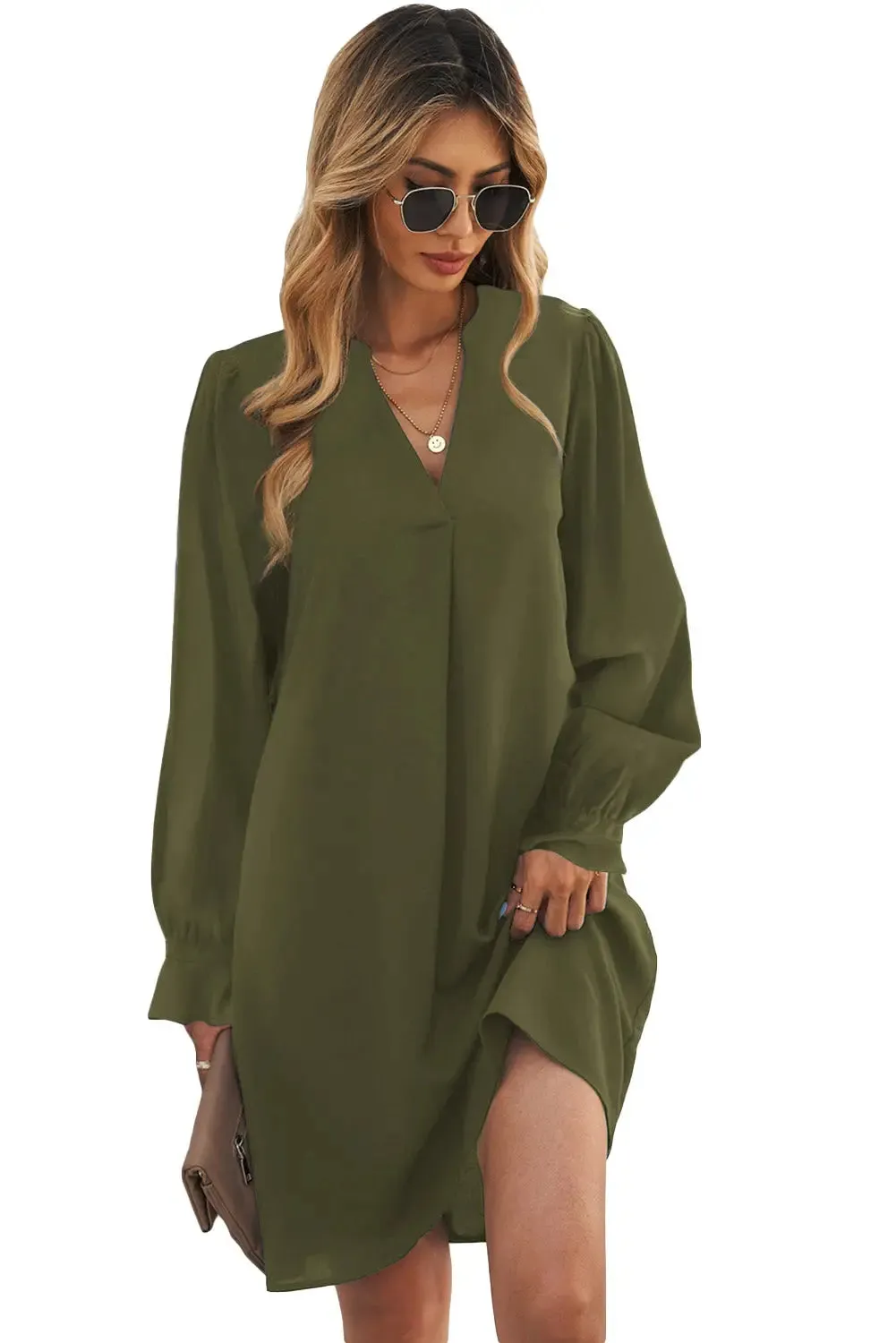 Black Split V Neck Ruffled Sleeves Shirt Dress