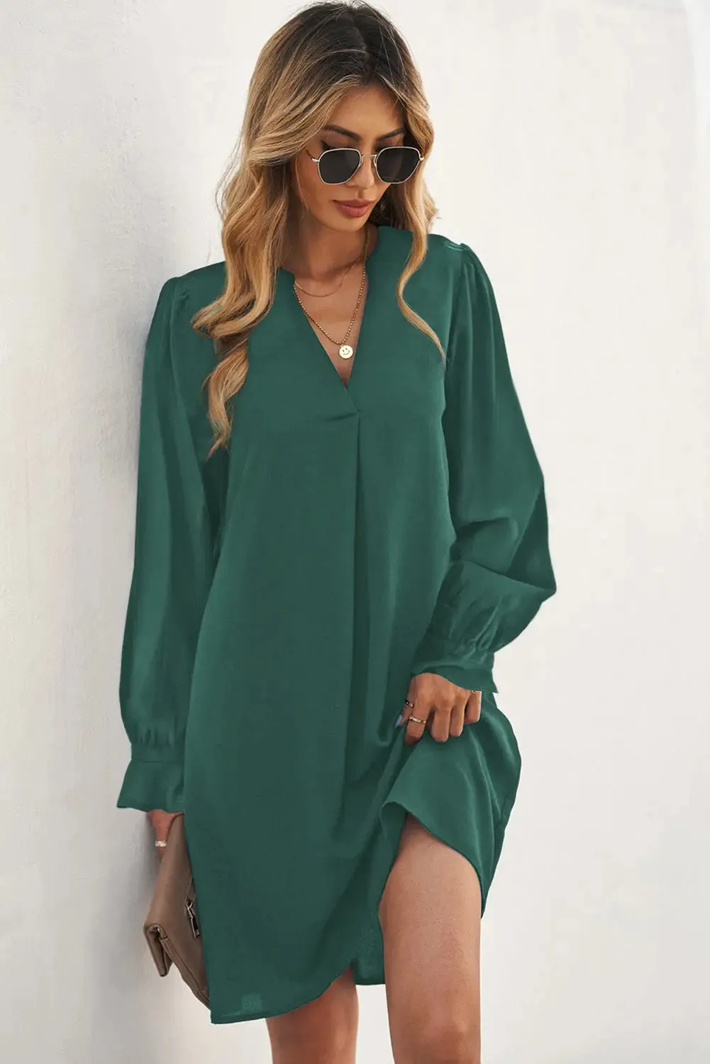 Black Split V Neck Ruffled Sleeves Shirt Dress