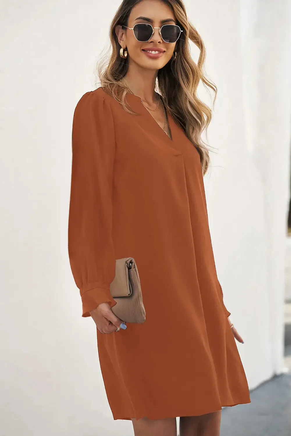 Black Split V Neck Ruffled Sleeves Shirt Dress