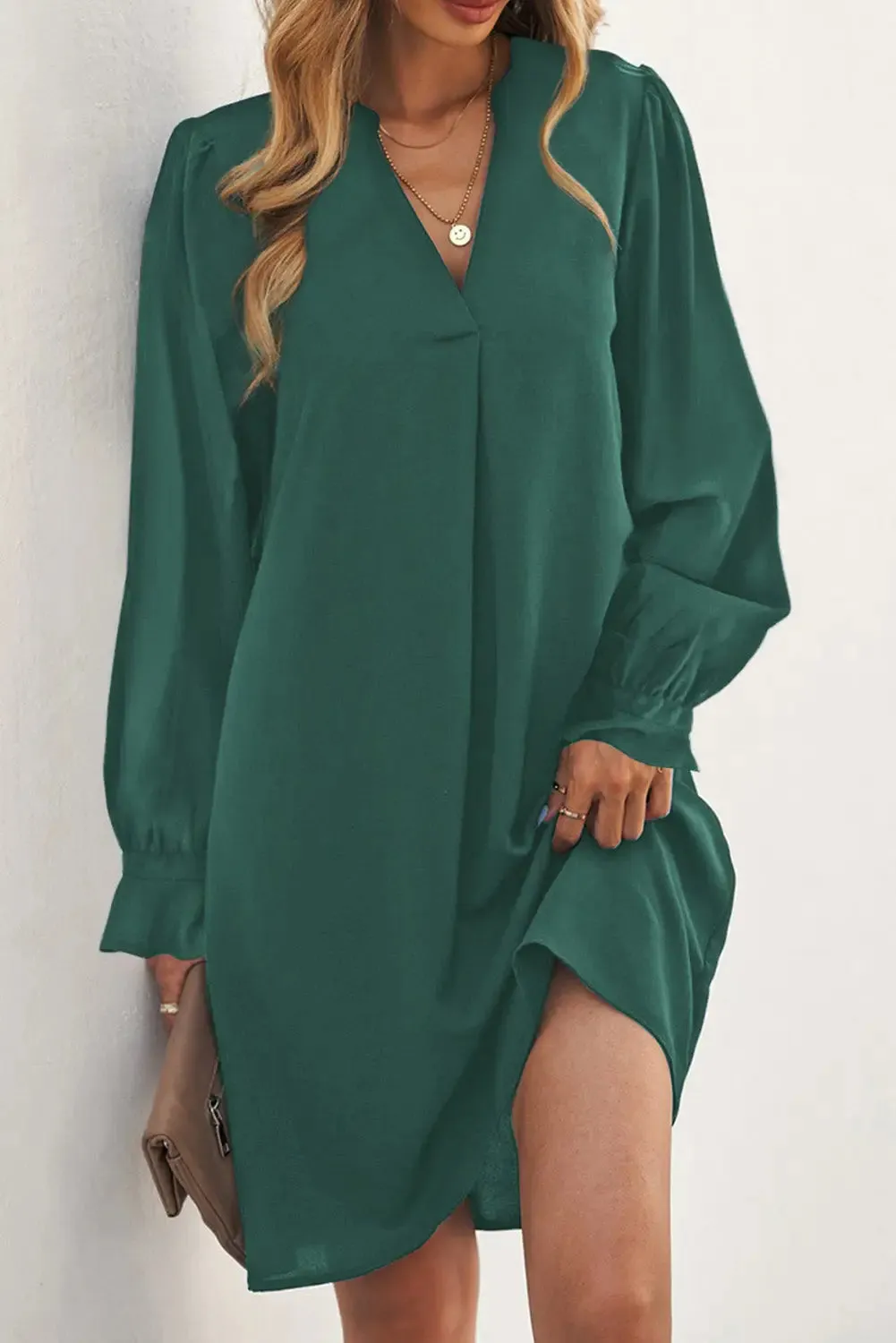 Black Split V Neck Ruffled Sleeves Shirt Dress