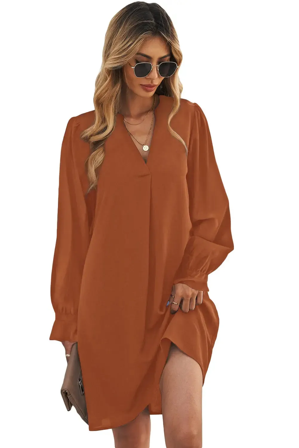 Black Split V Neck Ruffled Sleeves Shirt Dress