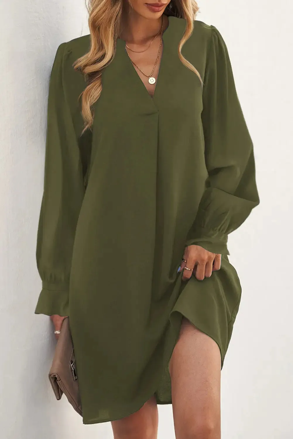 Black Split V Neck Ruffled Sleeves Shirt Dress