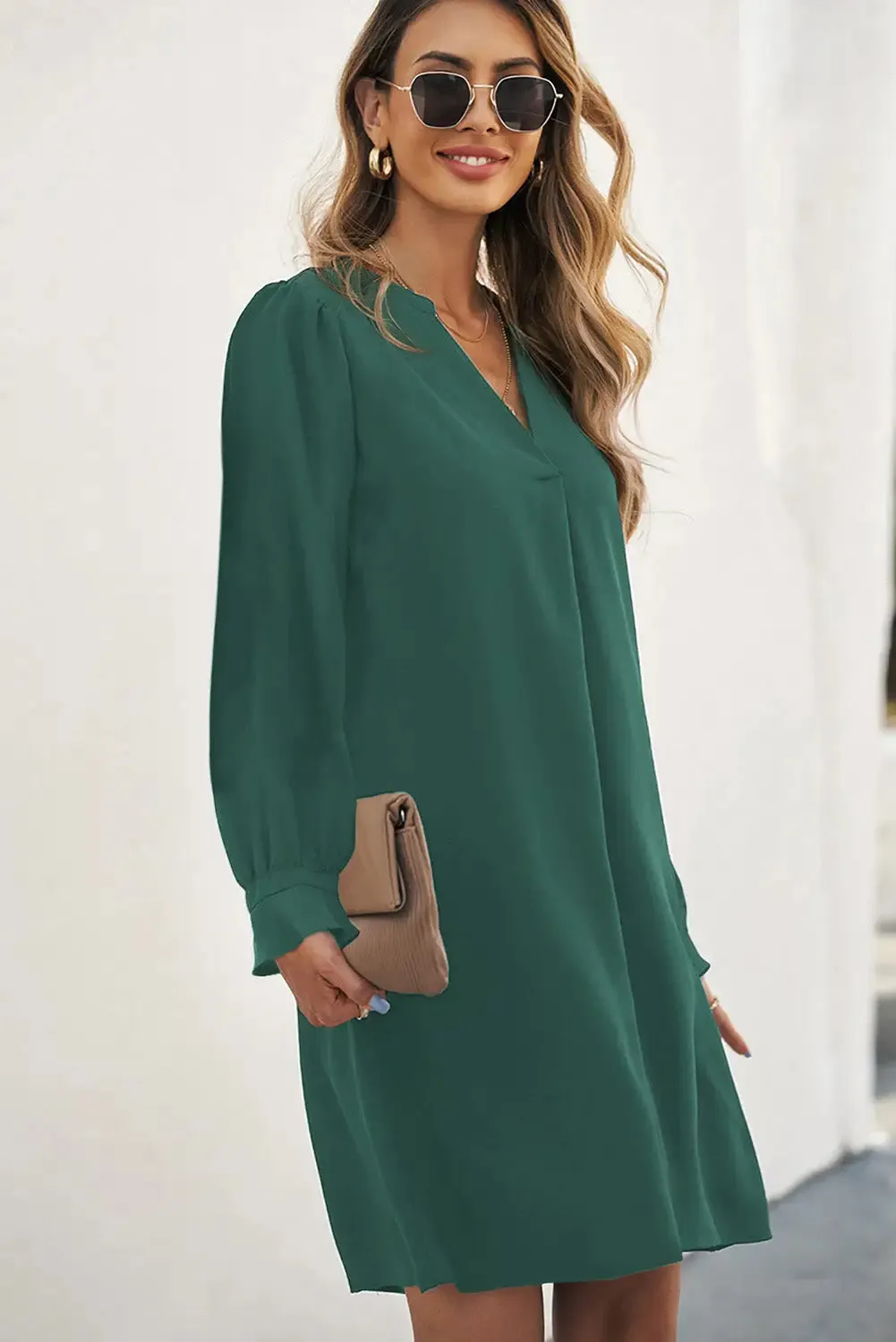 Black Split V Neck Ruffled Sleeves Shirt Dress