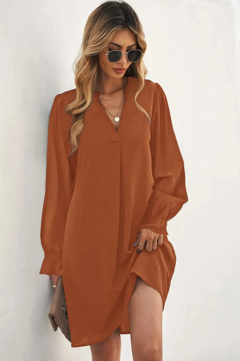 Black Split V Neck Ruffled Sleeves Shirt Dress