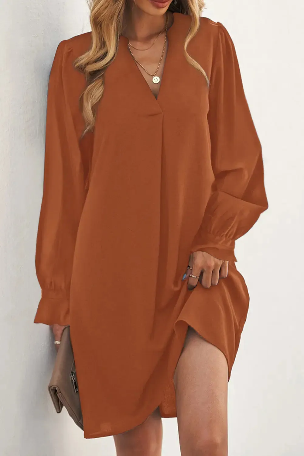 Black Split V Neck Ruffled Sleeves Shirt Dress