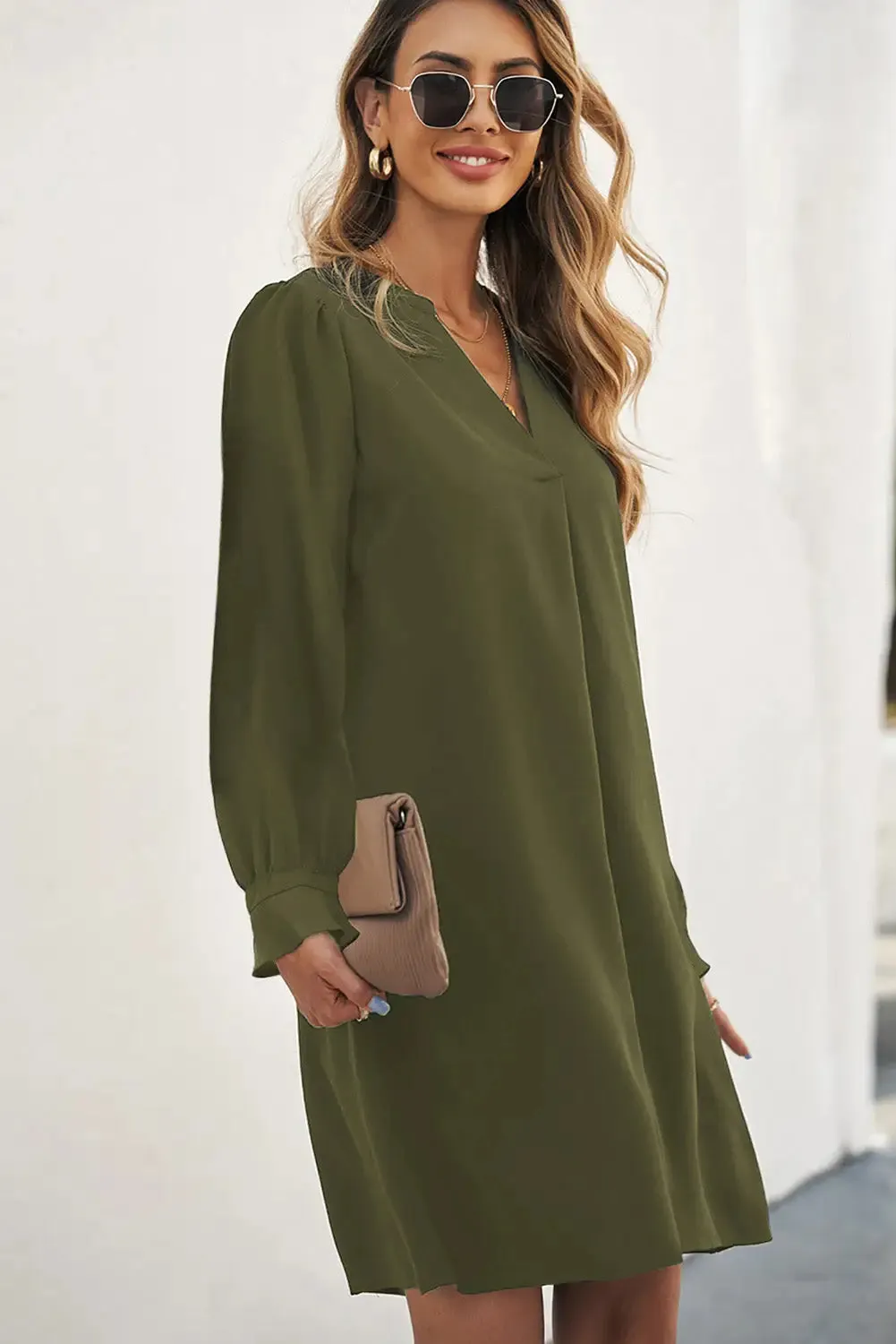 Black Split V Neck Ruffled Sleeves Shirt Dress