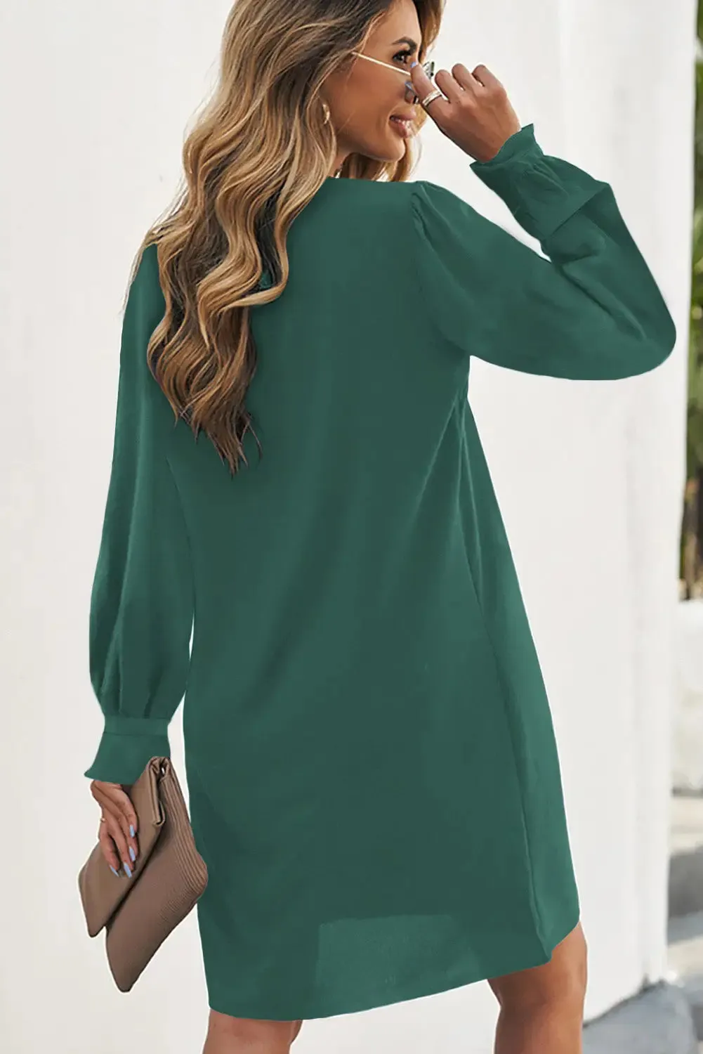 Black Split V Neck Ruffled Sleeves Shirt Dress