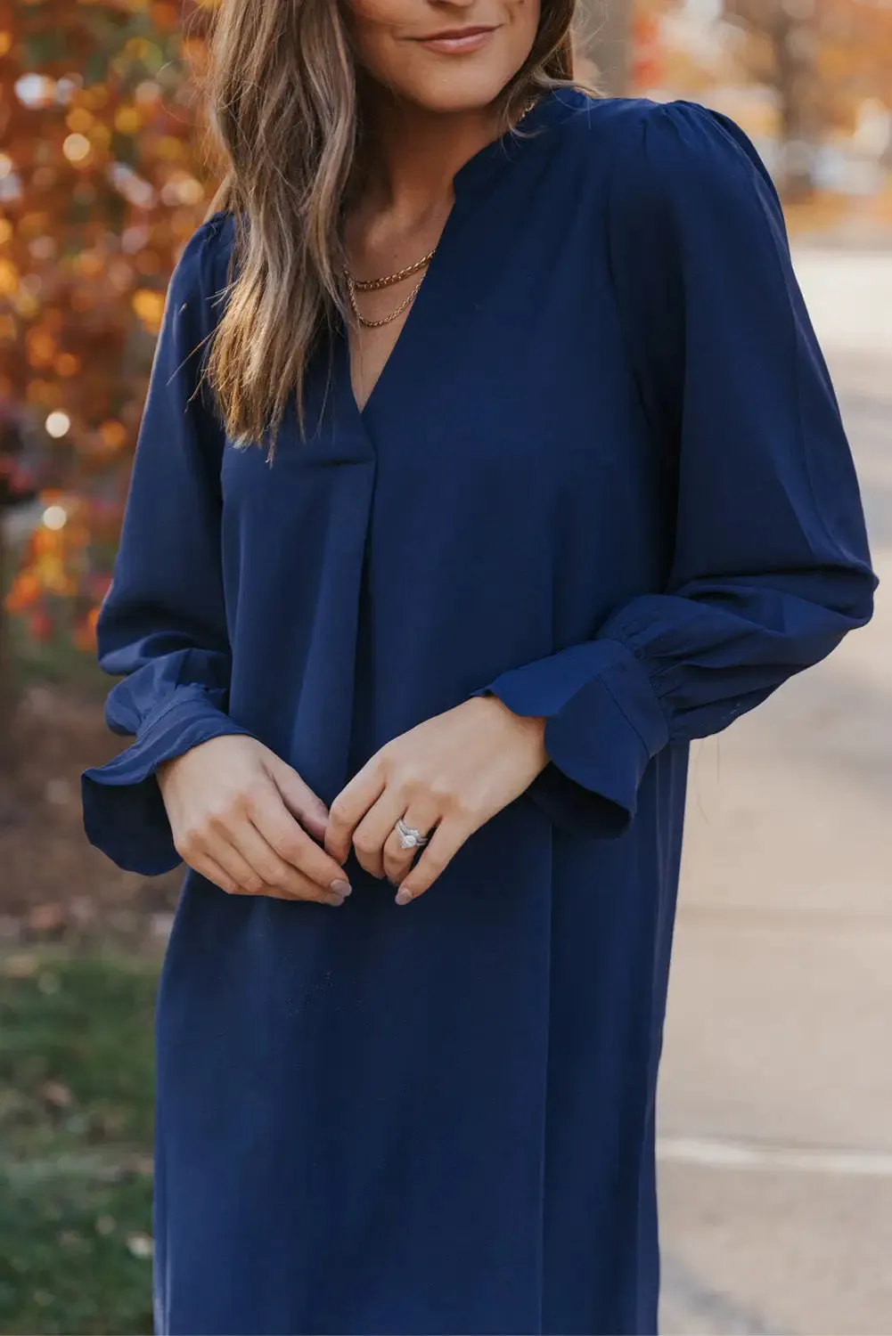 Black Split V Neck Ruffled Sleeves Shirt Dress