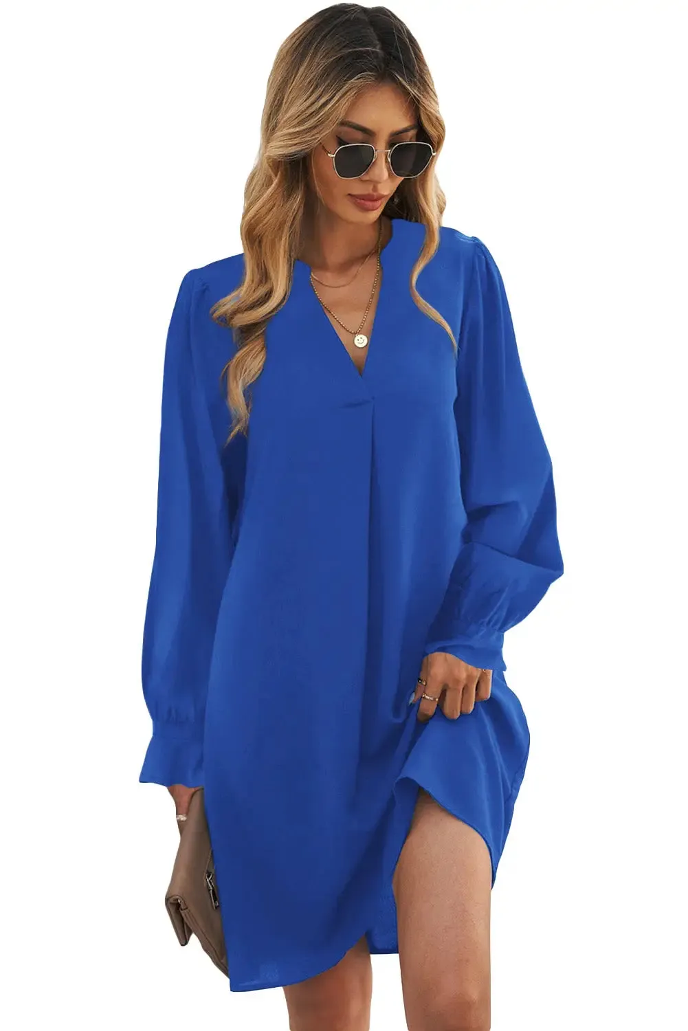 Black Split V Neck Ruffled Sleeves Shirt Dress