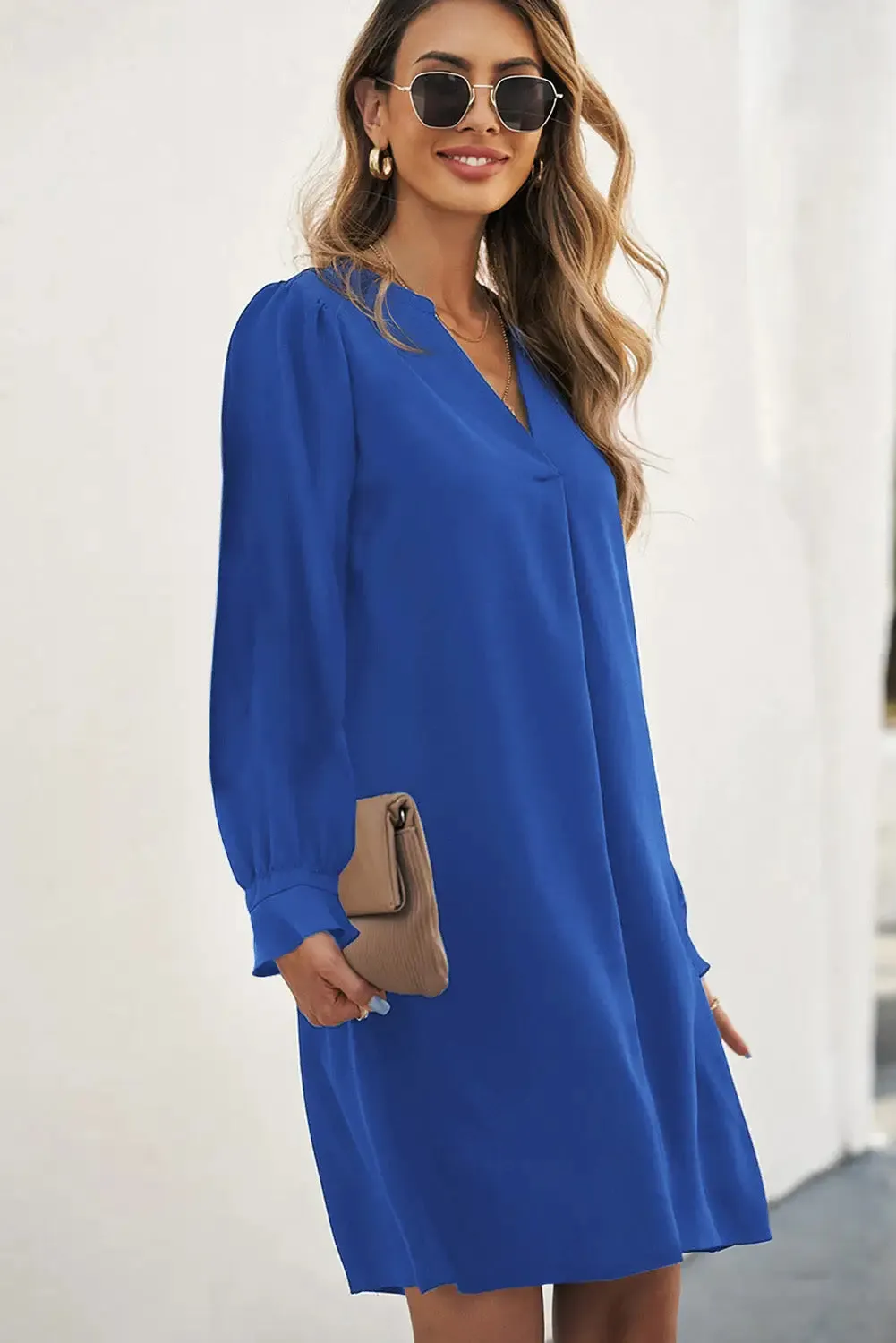 Black Split V Neck Ruffled Sleeves Shirt Dress