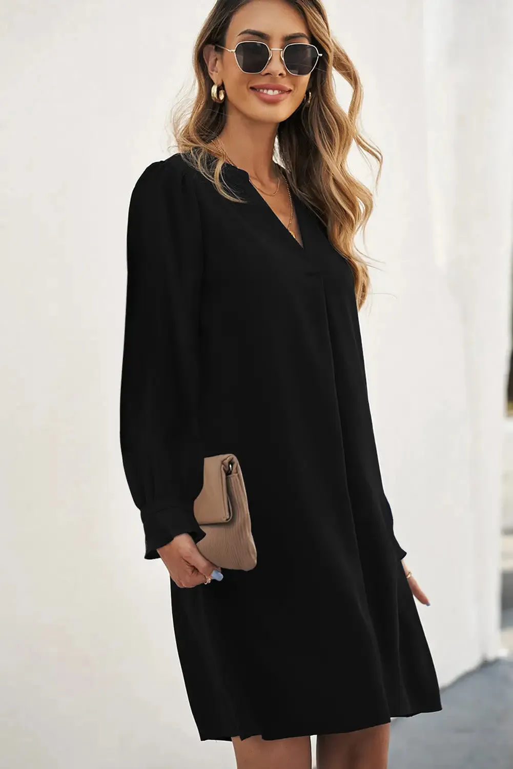 Black Split V Neck Ruffled Sleeves Shirt Dress