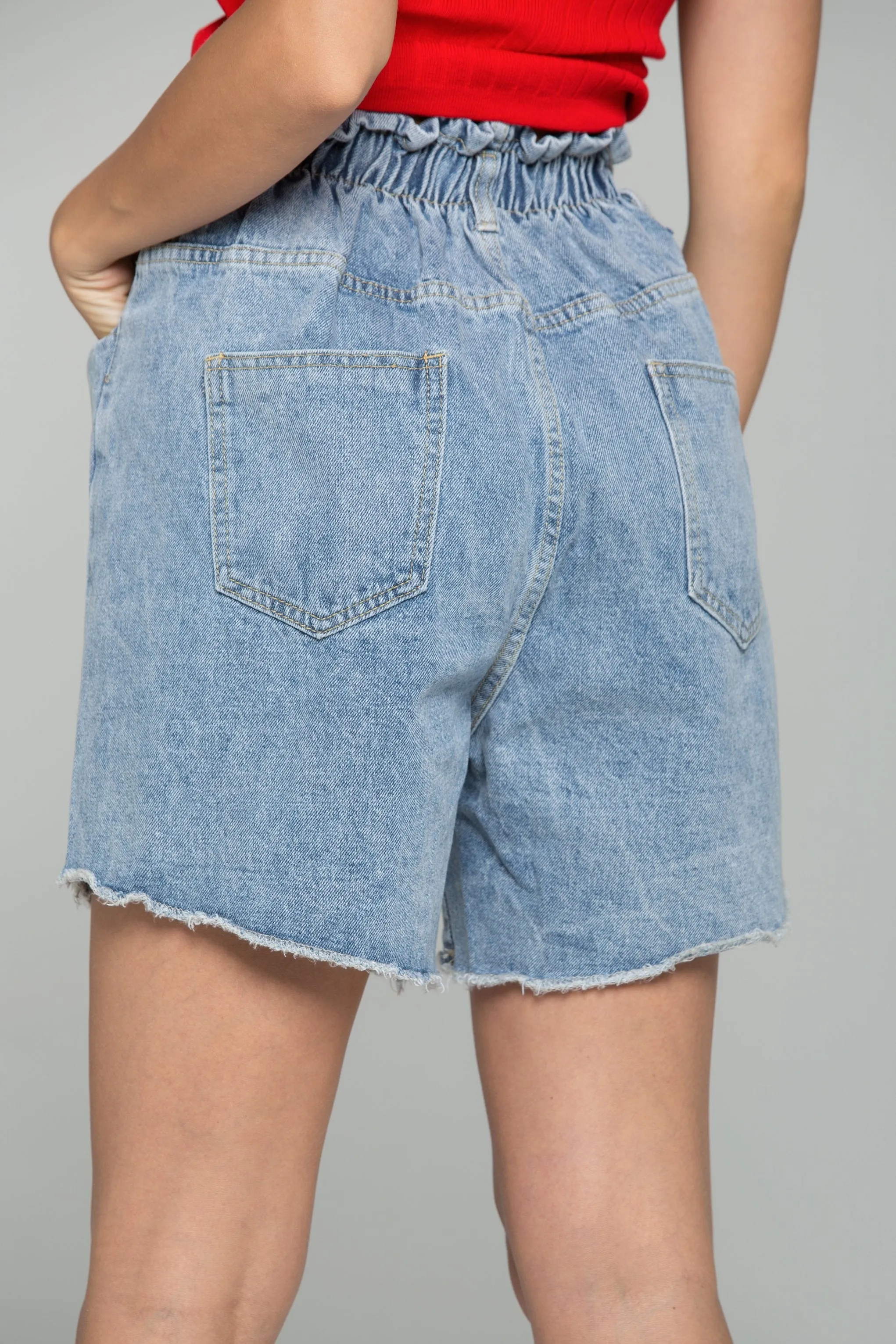 Blue Denim Jean Garterized High Waist Frayed Hem Casual Shorts