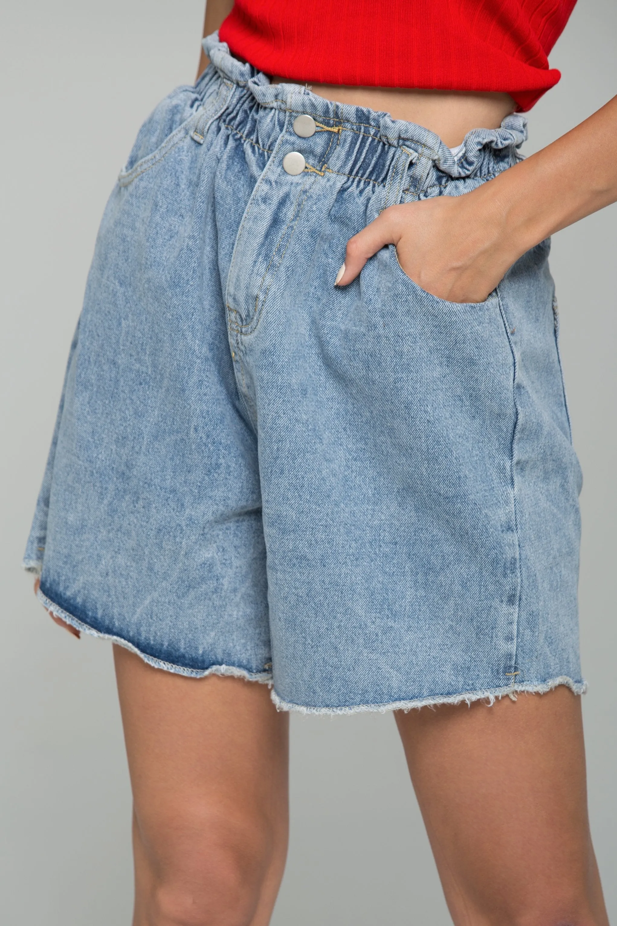 Blue Denim Jean Garterized High Waist Frayed Hem Casual Shorts