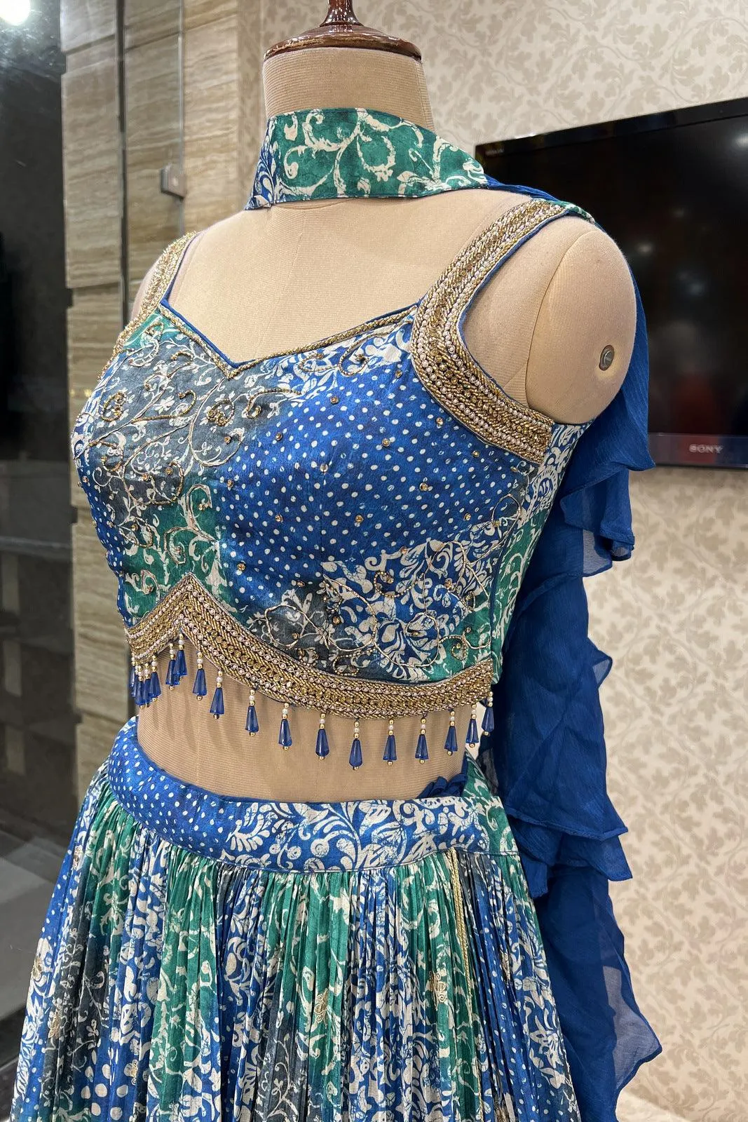 Blue with Green Digital Print and Gota Patti work Crop Top Lehenga