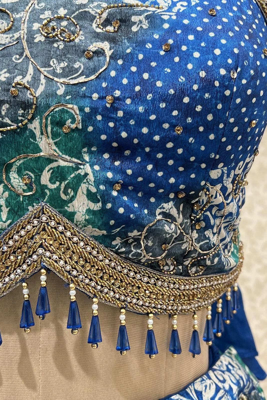 Blue with Green Digital Print and Gota Patti work Crop Top Lehenga