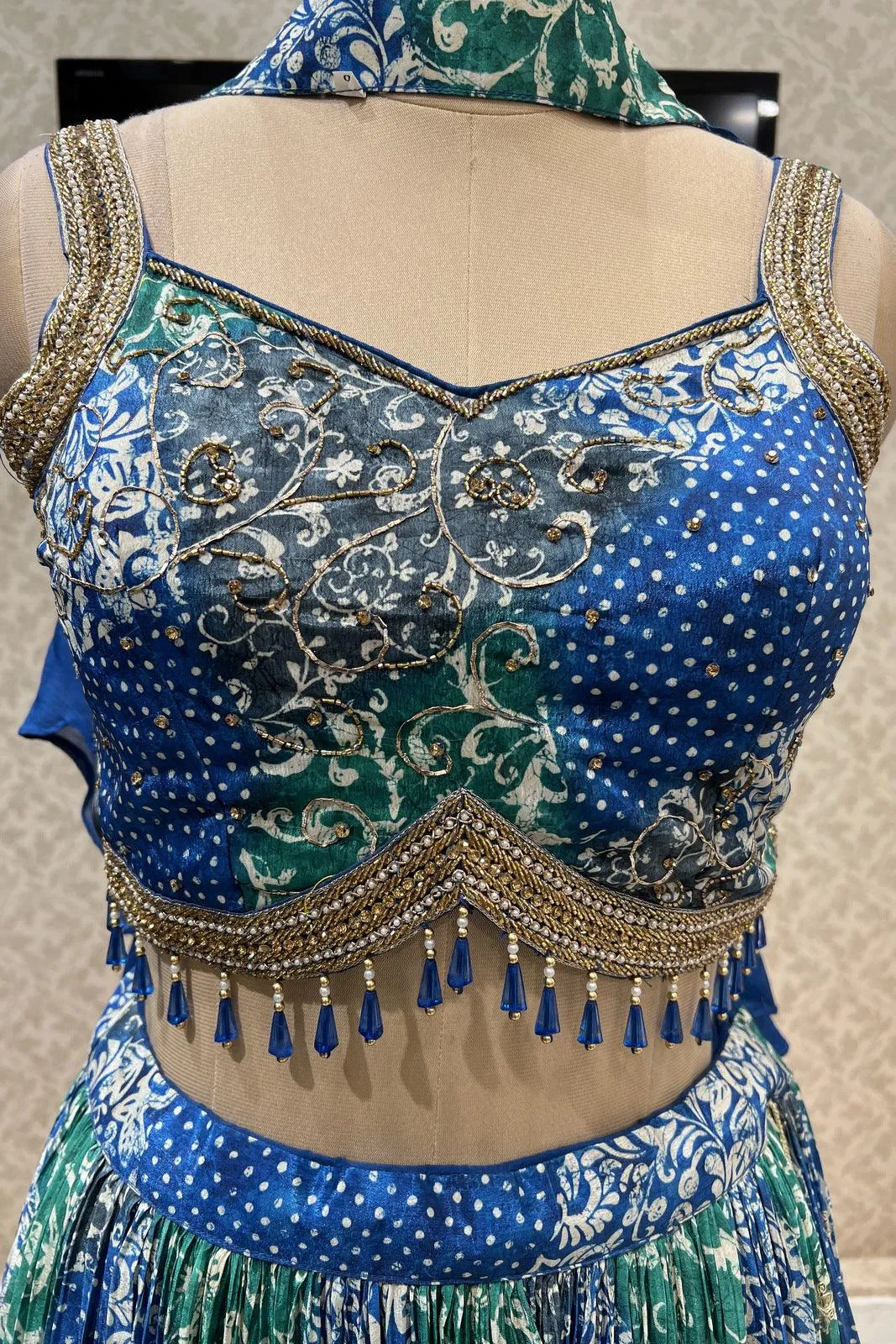 Blue with Green Digital Print and Gota Patti work Crop Top Lehenga