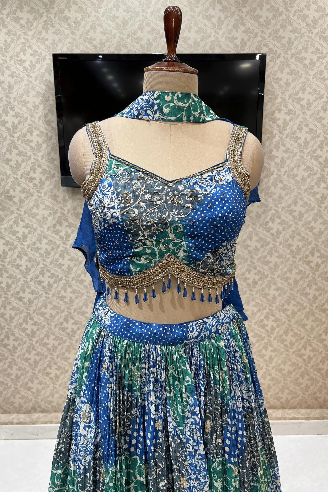 Blue with Green Digital Print and Gota Patti work Crop Top Lehenga