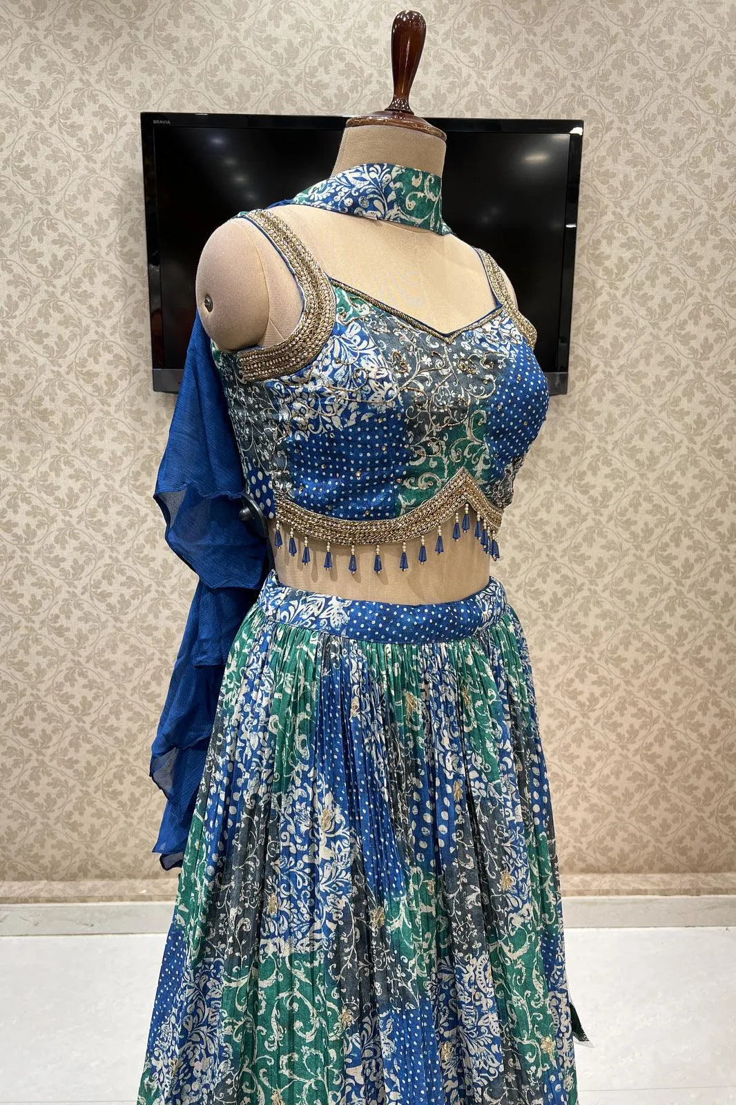 Blue with Green Digital Print and Gota Patti work Crop Top Lehenga